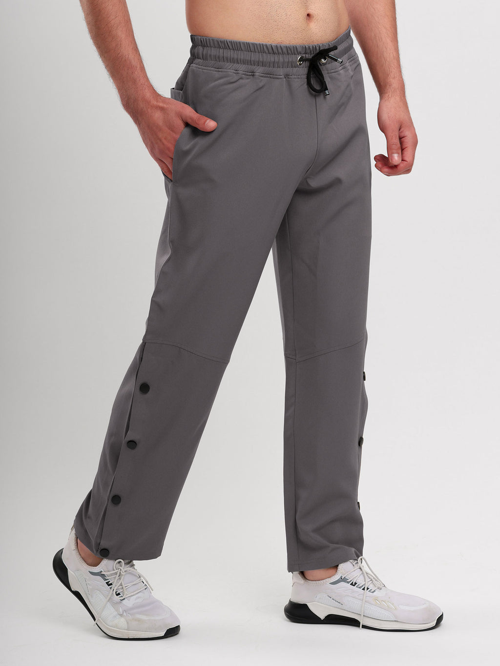 Men's Regular Fit Snap Button Track Pant with Elastic Waist, Drawstring & Straight Leg Design