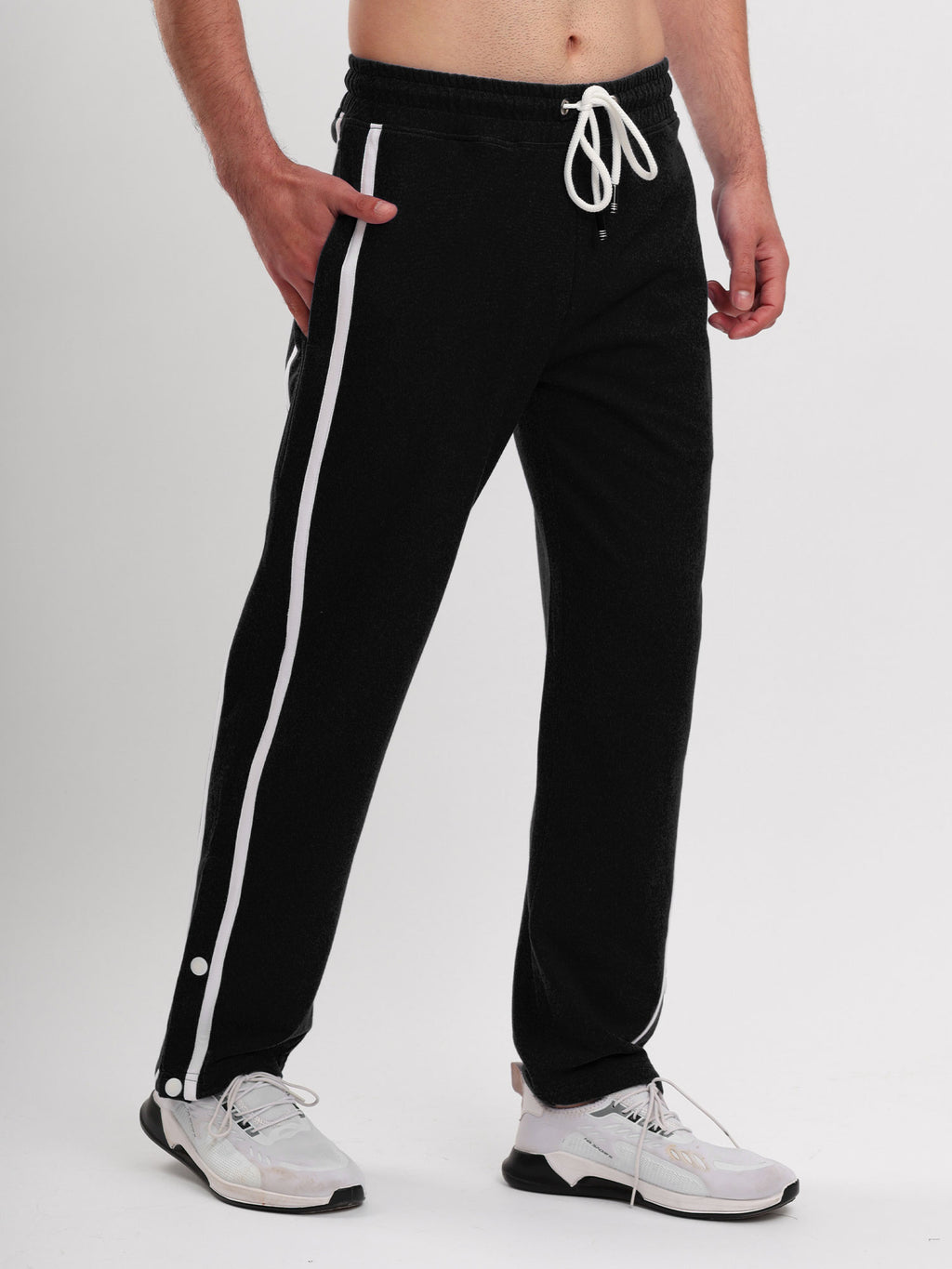 Men's Regular Fit Athletic Track Pant with Side Stripe, Snap Button Hem & Drawstring Waist