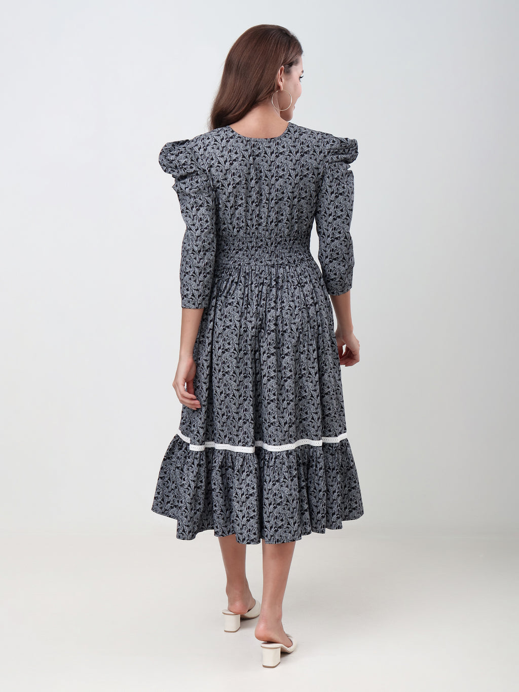 Women's Floral Printed A-Line Midi Dress with Puff Sleeves & Embroidered Round Neck