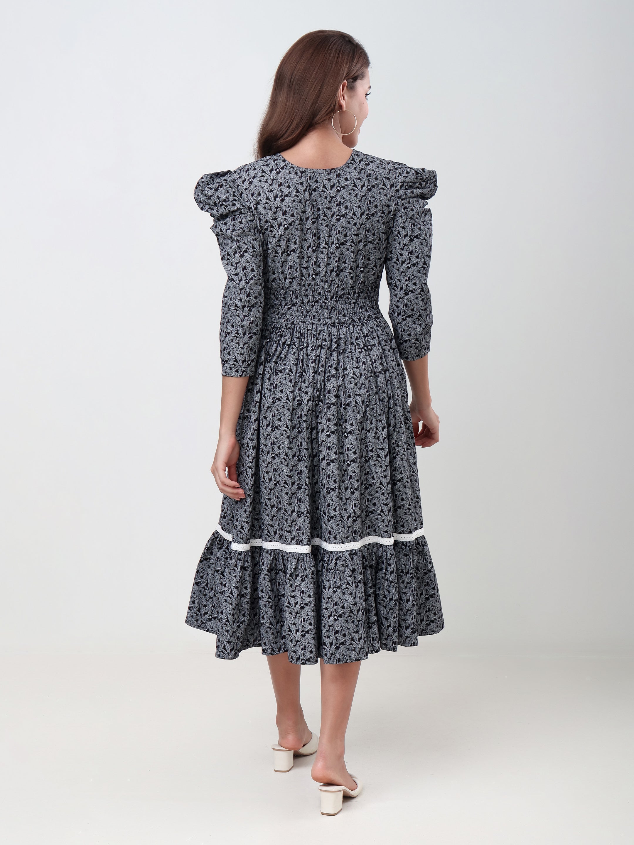 Women's Floral Printed A-Line Midi Dress with Puff Sleeves & Embroidered Round Neck