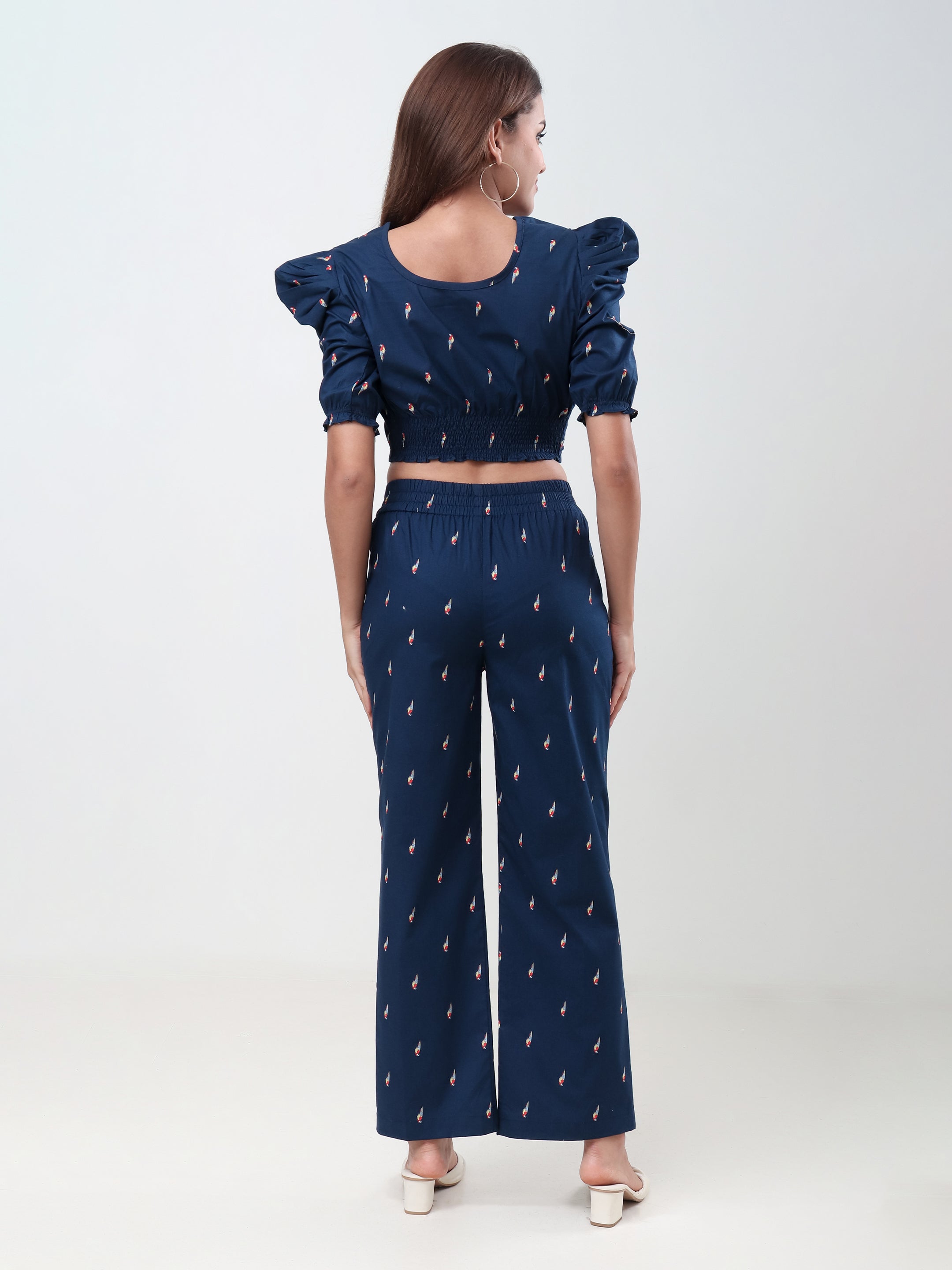Women's Printed Crop Top & Wide Leg Pants Co-Ord Set with Puff Sleeves