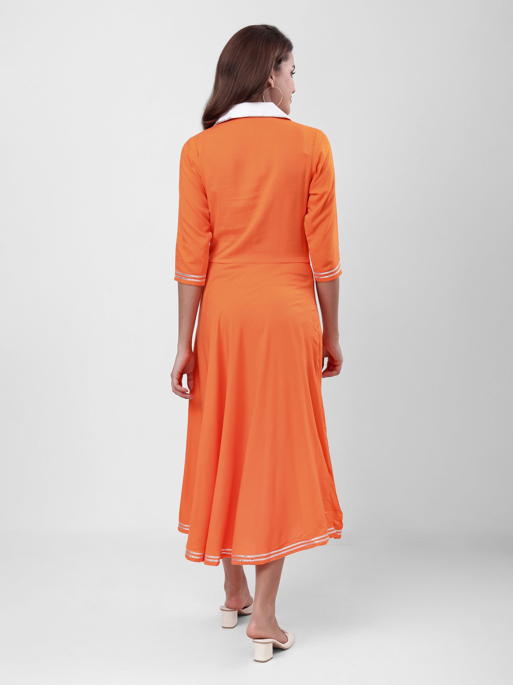 Women's A-Line Midi Dress with Contrast Collar, Front Button Detailing & 3/4 Sleeves