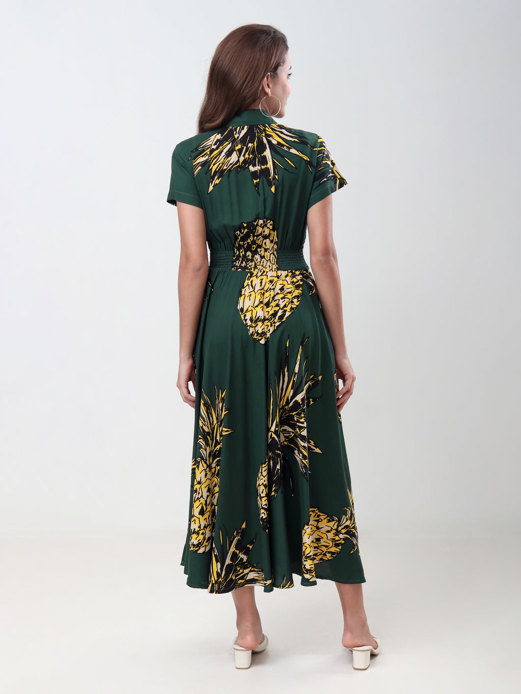 Women's Printed Collared A-Line Midi Dress with Short Sleeves & Button Detail