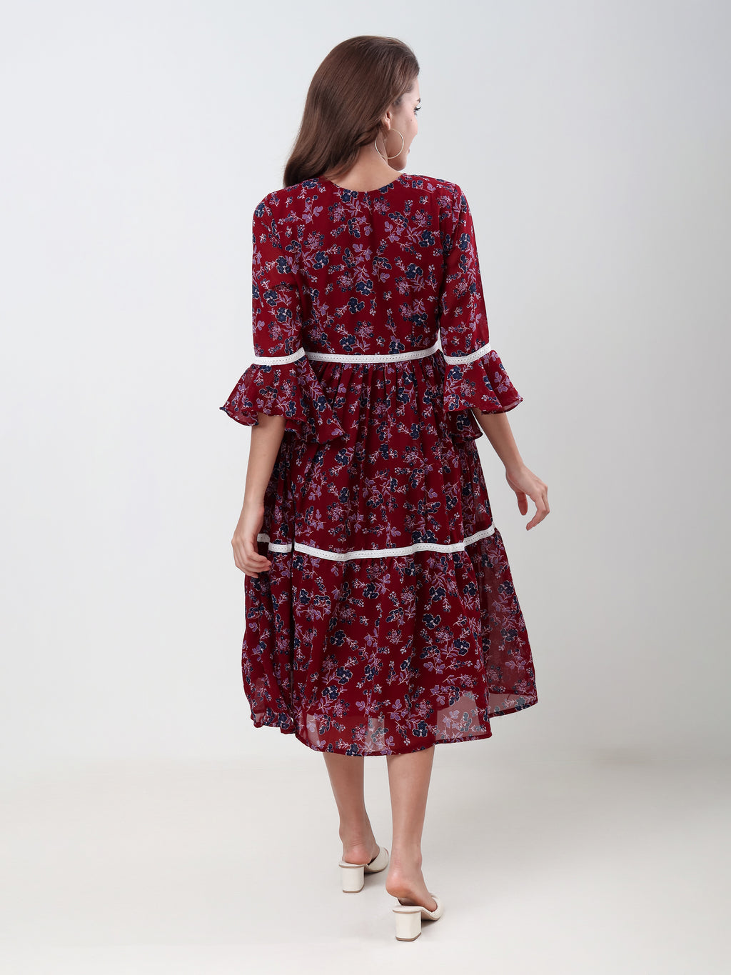 Women's Floral Print Tiered Midi Dress with Lace Collar, Bell Sleeves & Tie Neck Casual Fit