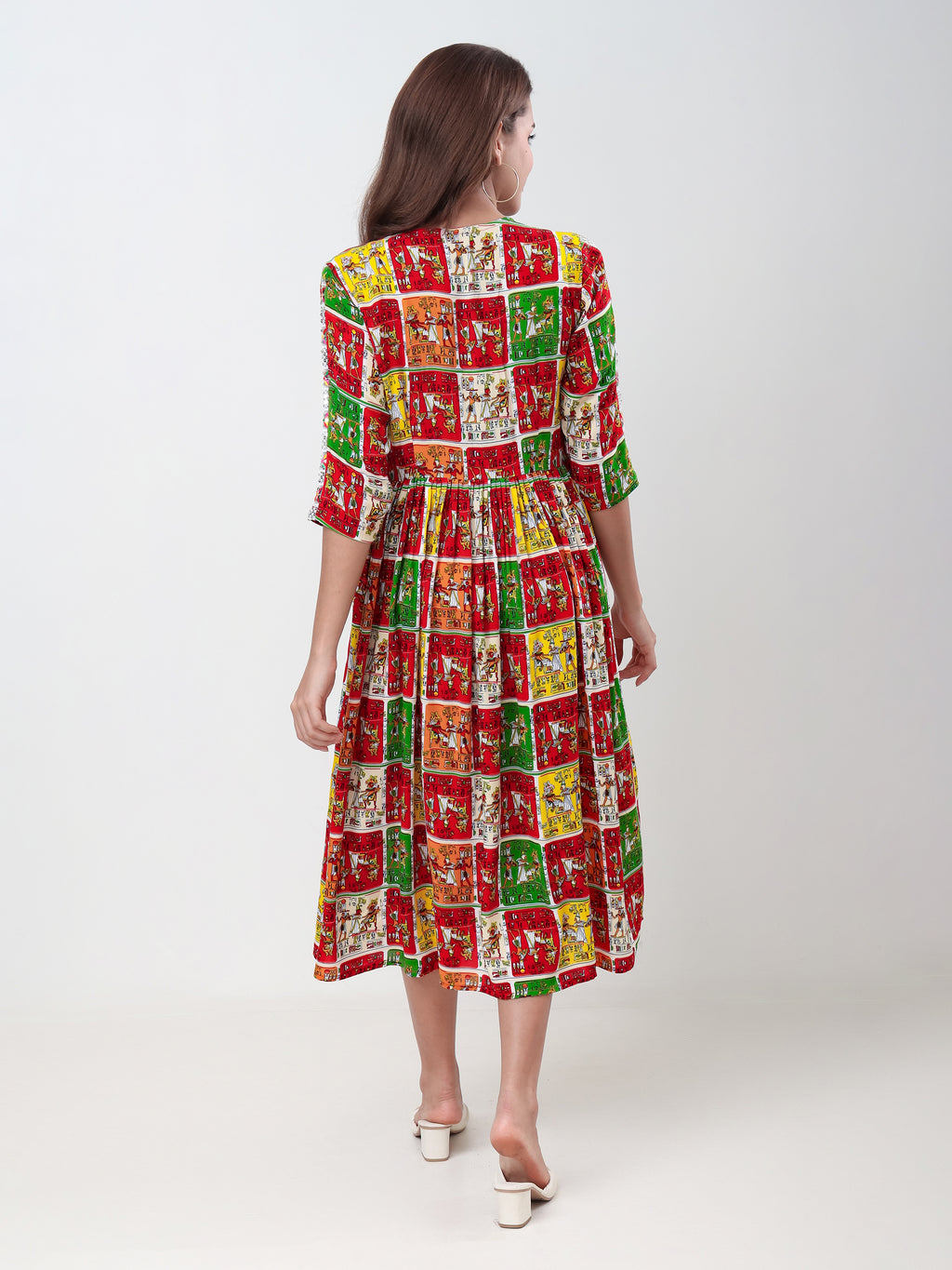 Women's Ethnic Printed Fit & Flare Midi Dress with V-Neck & 3/4 Sleeves
