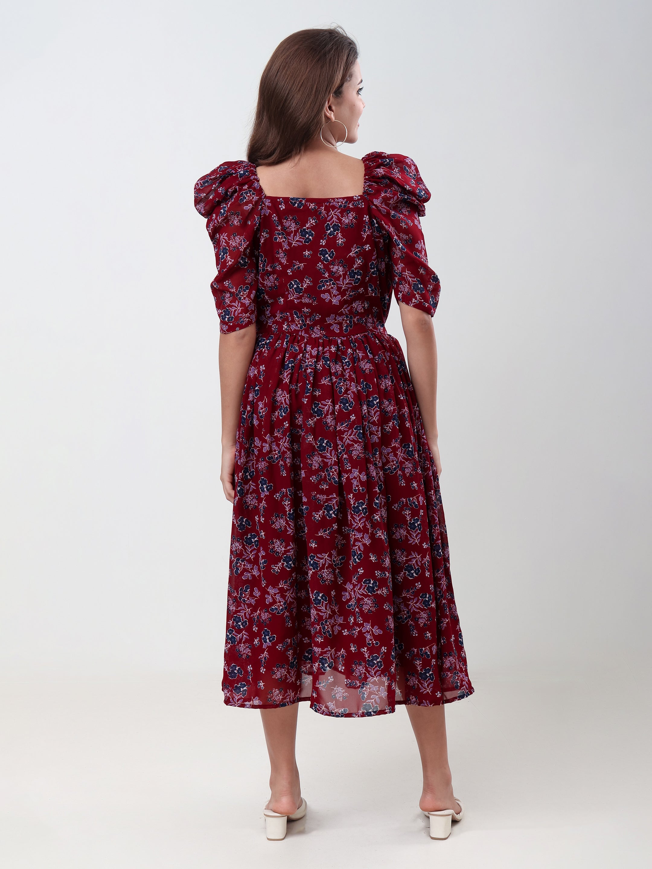 Women's Floral Printed Fit & Flare Midi Dress with Square Neck & Puff Sleeves