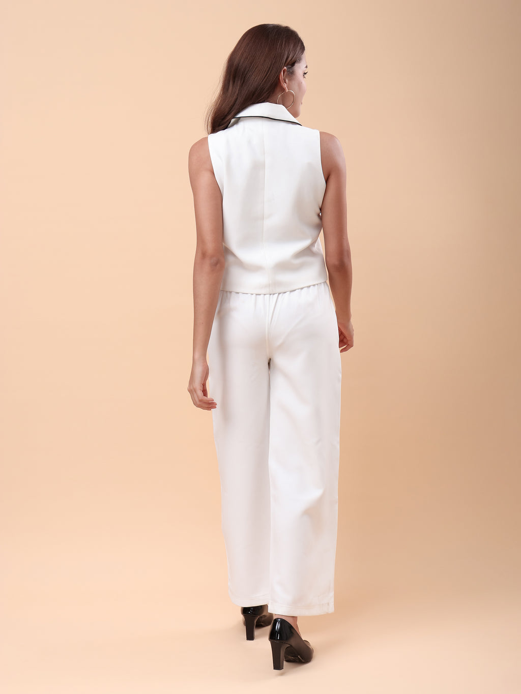 Women's White Sleeveless Co-Ord Set with Wide-Leg Pants