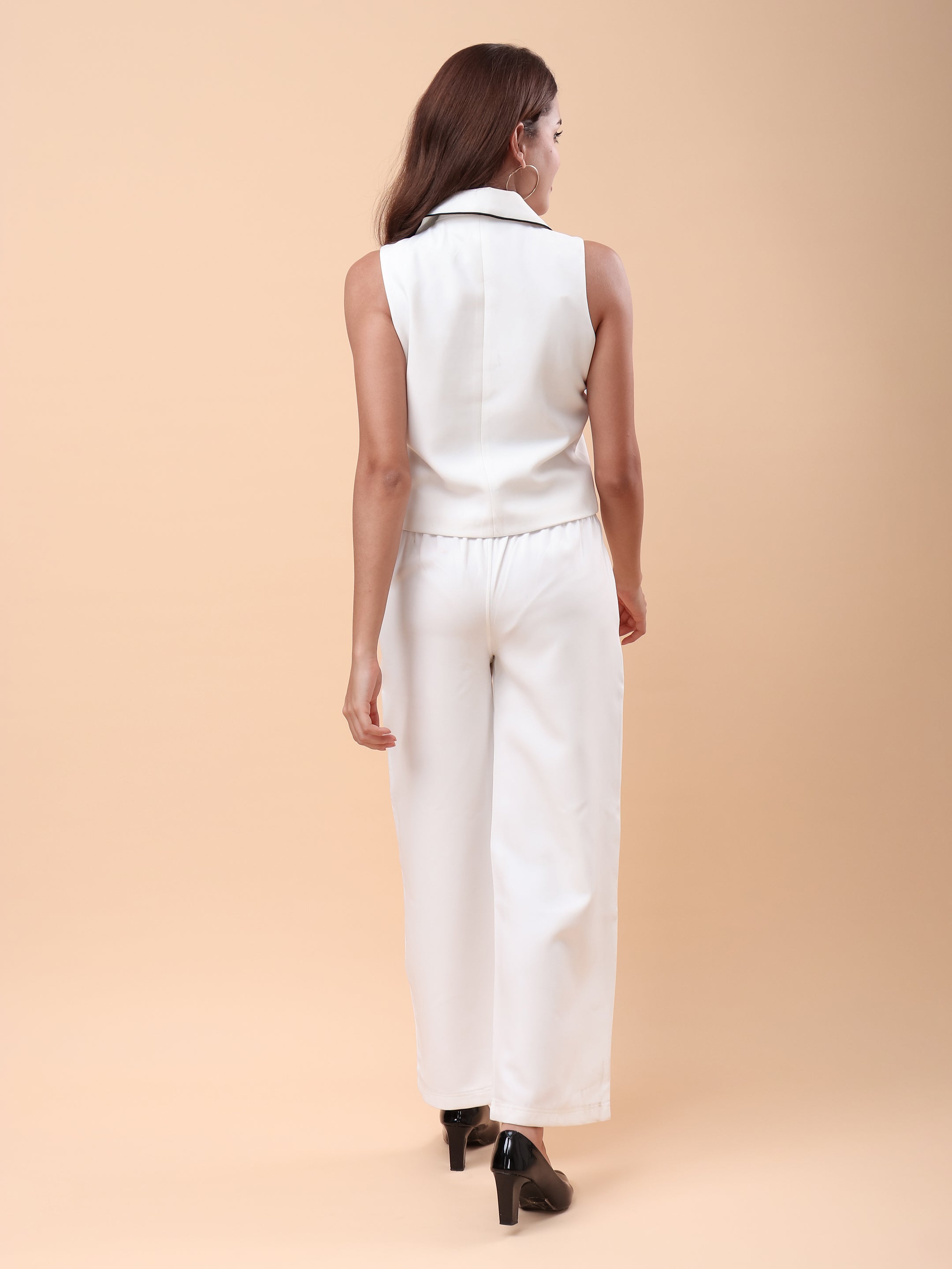 Women's White Sleeveless Co-Ord Set with Wide-Leg Pants