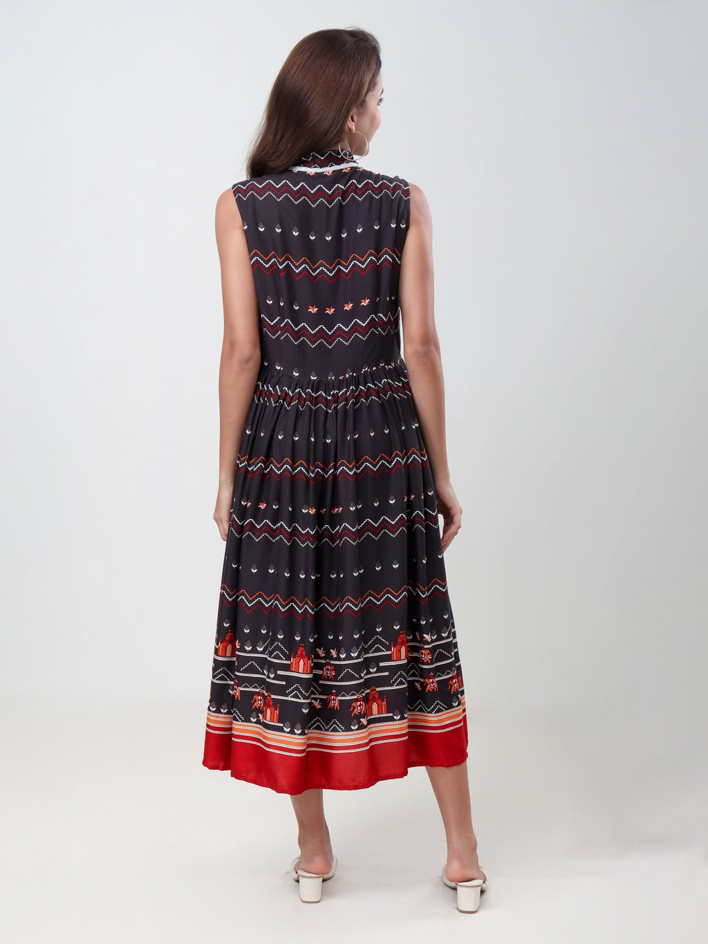 Women's Ethnic Printed Sleeveless Fit & Flare Midi Dress with V-Neck