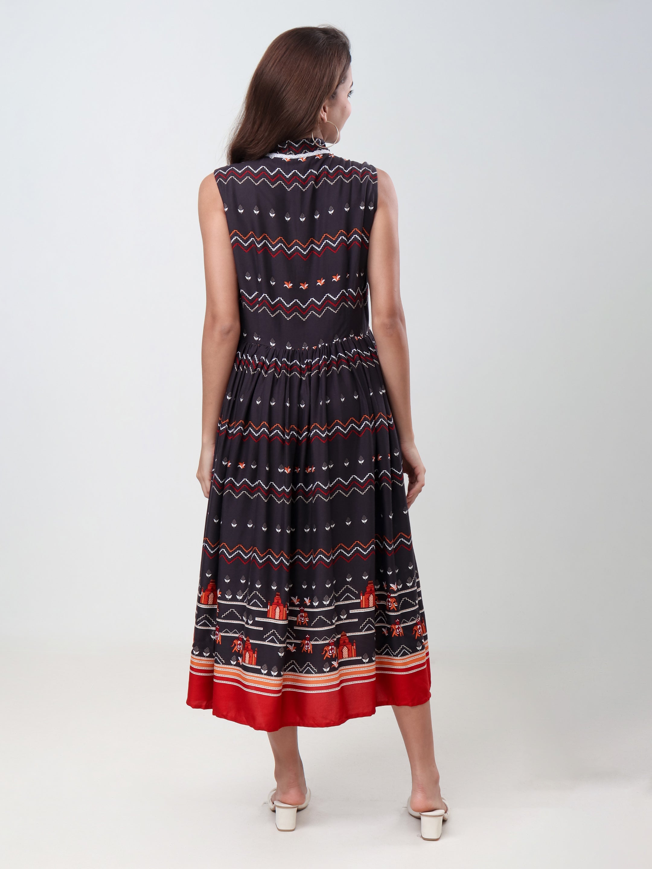 Women's Ethnic Printed Sleeveless Fit & Flare Midi Dress with V-Neck