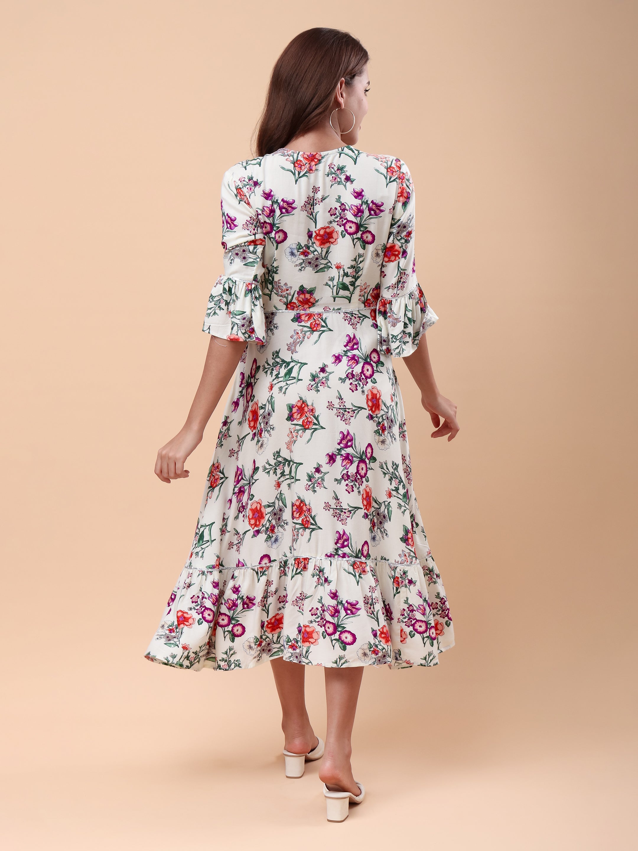 Women's Floral Print Midi Dress with Lace Yoke, Bell Sleeves & Flared Hem Casual Fit