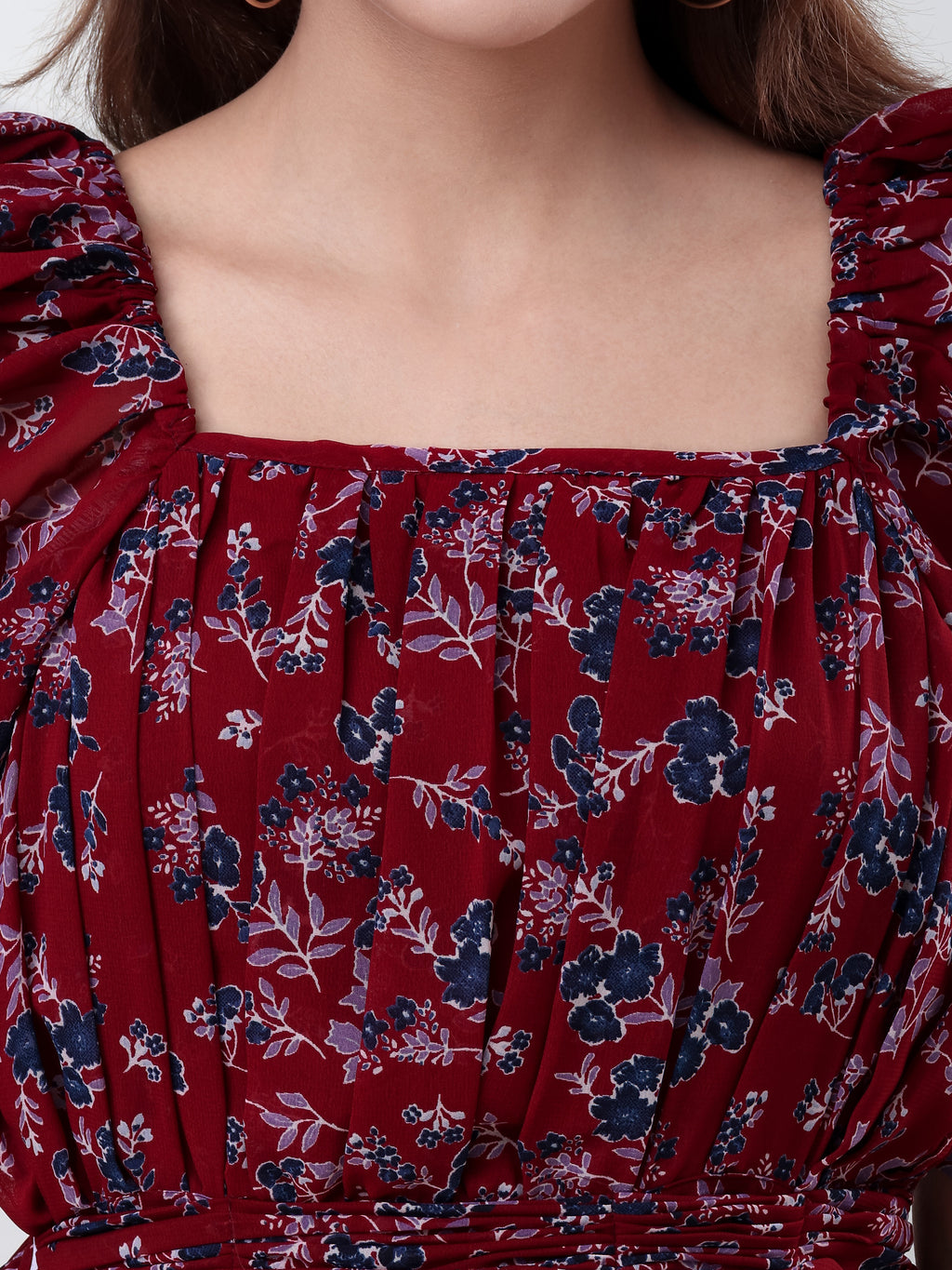 Women's Floral Printed Fit & Flare Midi Dress with Square Neck & Puff Sleeves