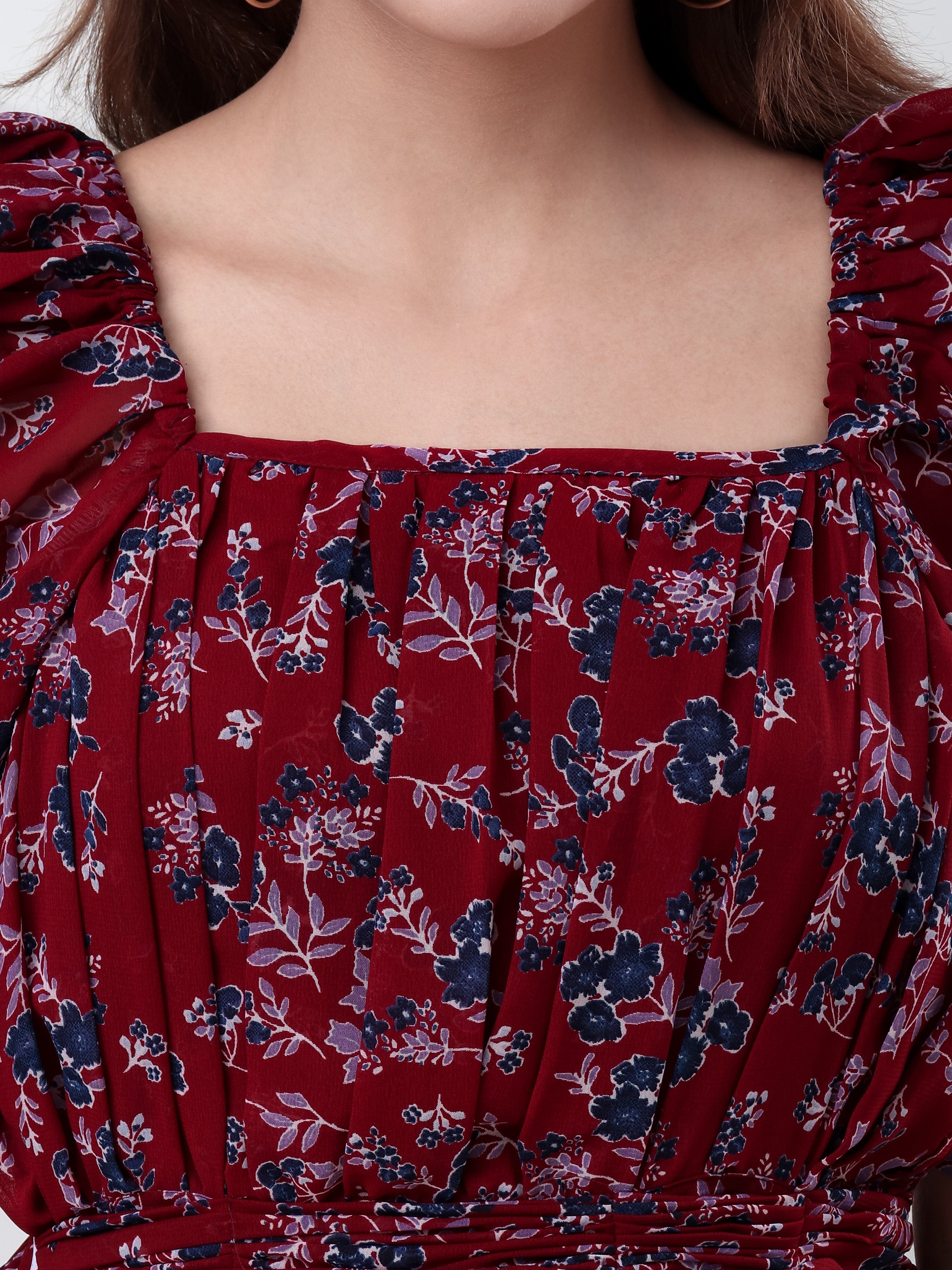 Women's Floral Printed Fit & Flare Midi Dress with Square Neck & Puff Sleeves