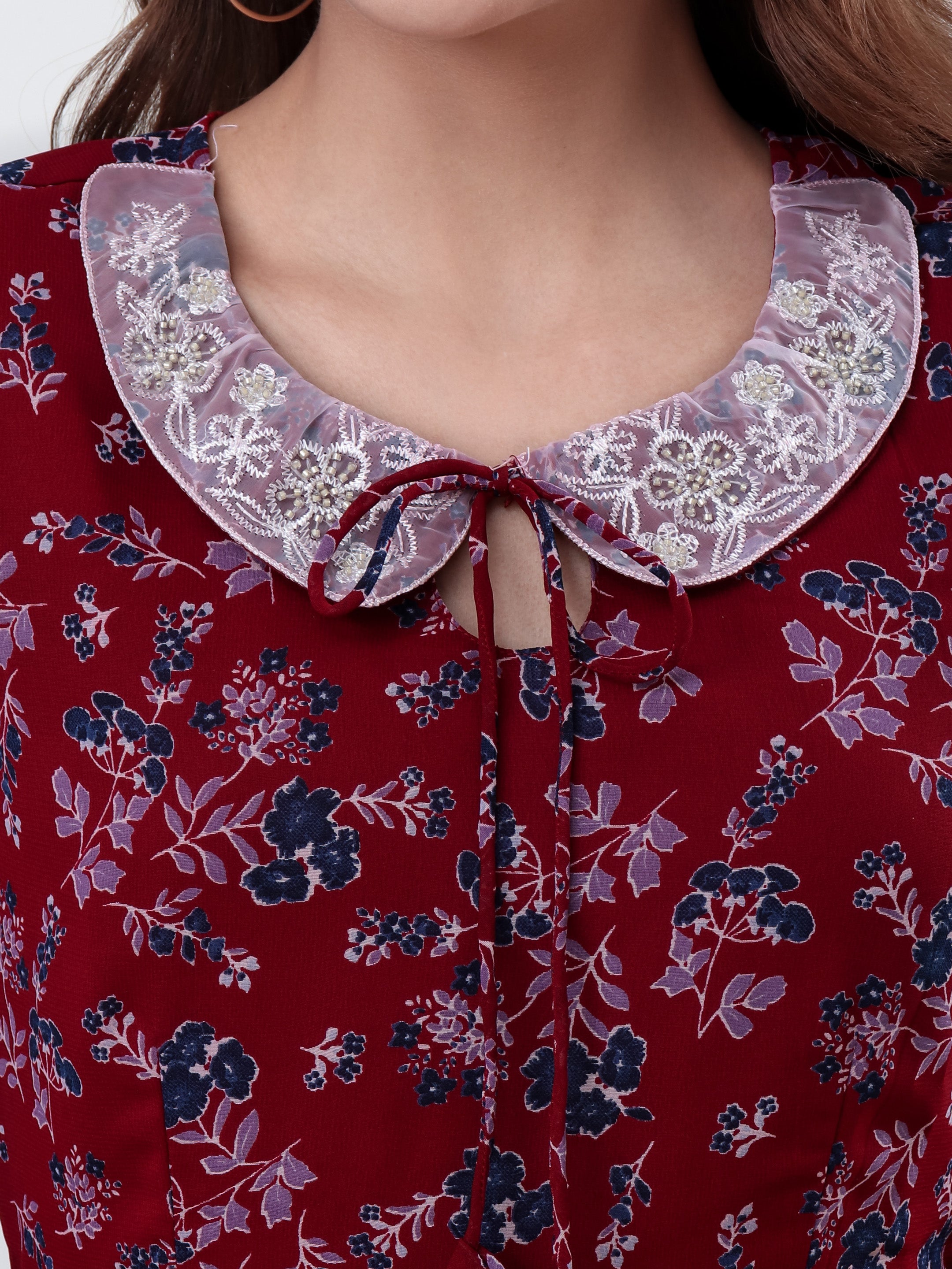 Women's Floral Print Tiered Midi Dress with Lace Collar, Bell Sleeves & Tie Neck Casual Fit