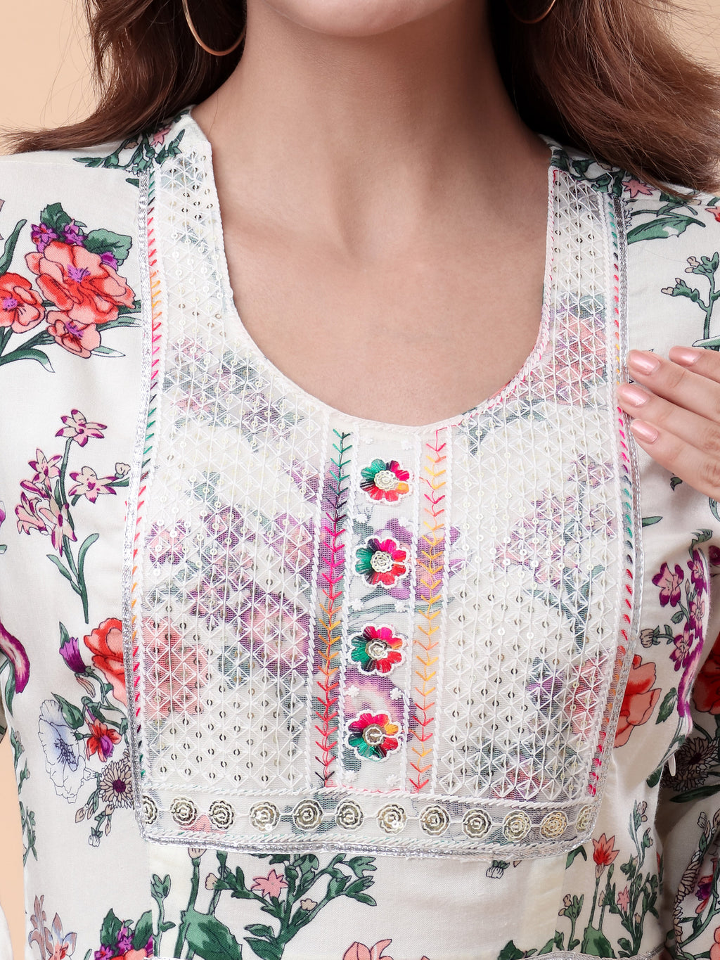 Women's Floral Print Midi Dress with Lace Yoke, Bell Sleeves & Flared Hem Casual Fit