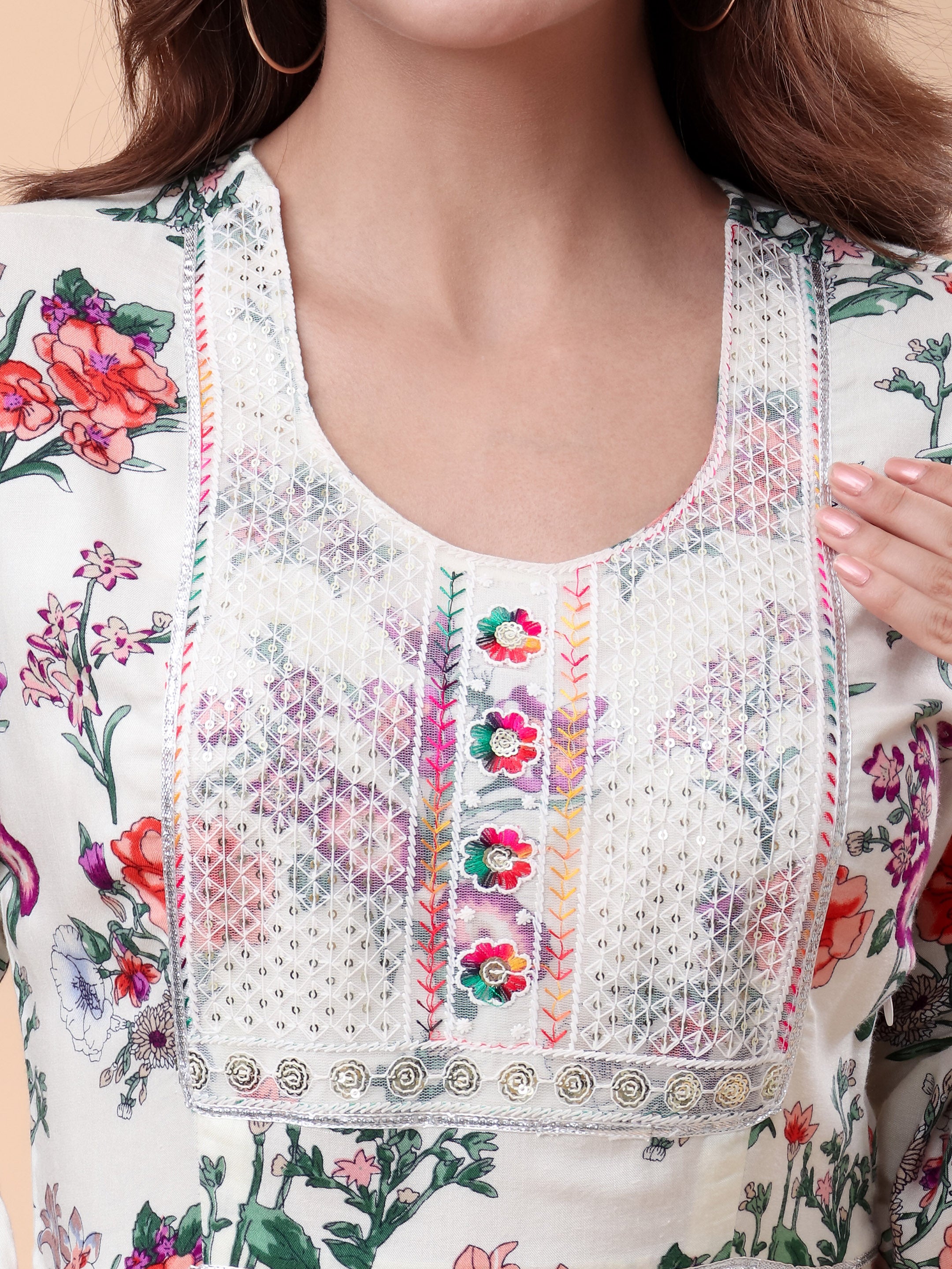 Women's Floral Print Midi Dress with Lace Yoke, Bell Sleeves & Flared Hem Casual Fit