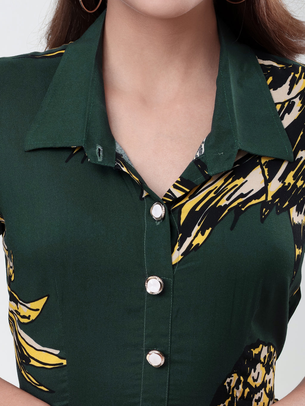 Women's Printed Collared A-Line Midi Dress with Short Sleeves & Button Detail