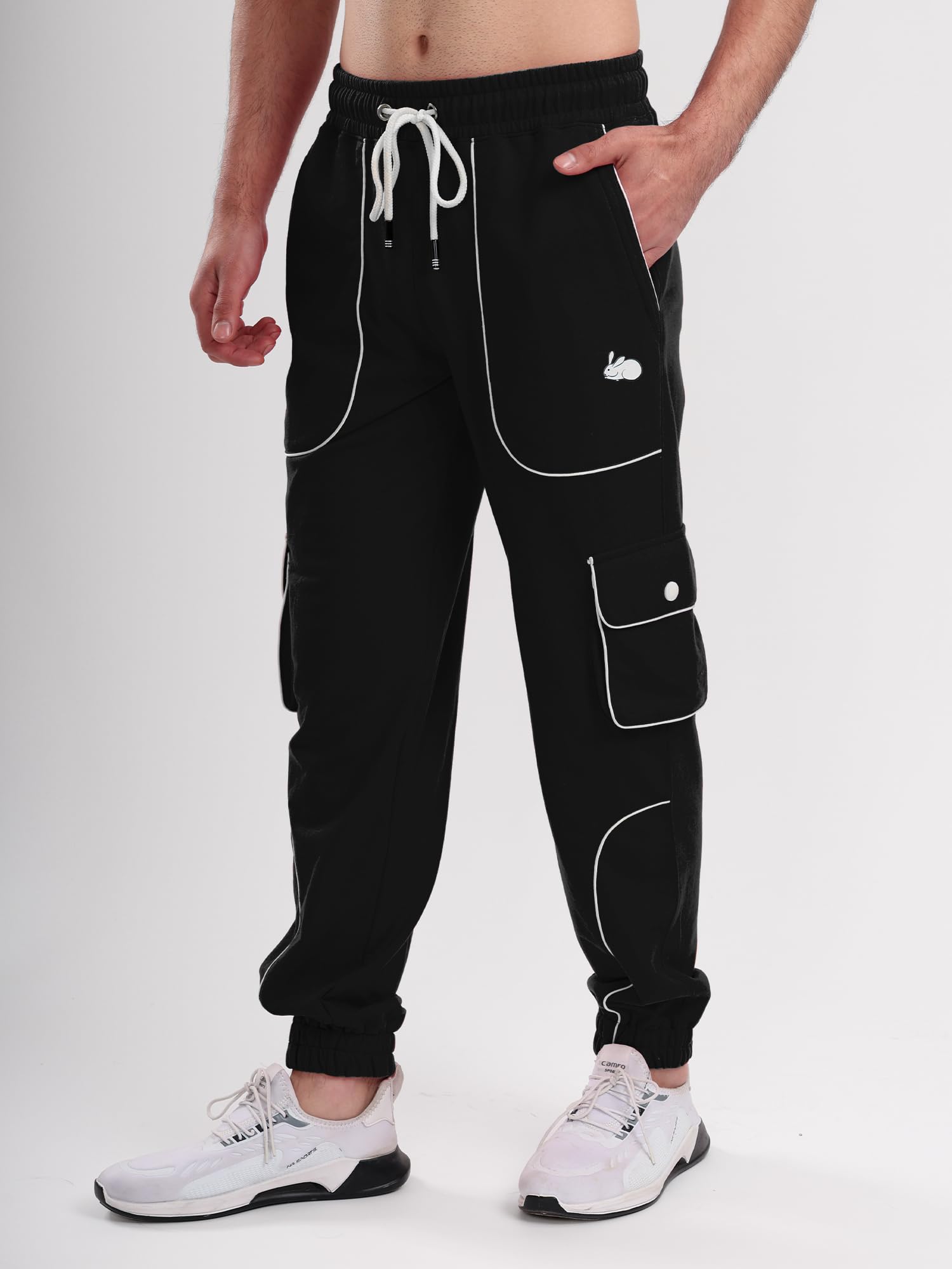 Men's Cargo Track Pant with Drawstring Waist, Multi-Pocket Jogger Pants with White Piping Detail