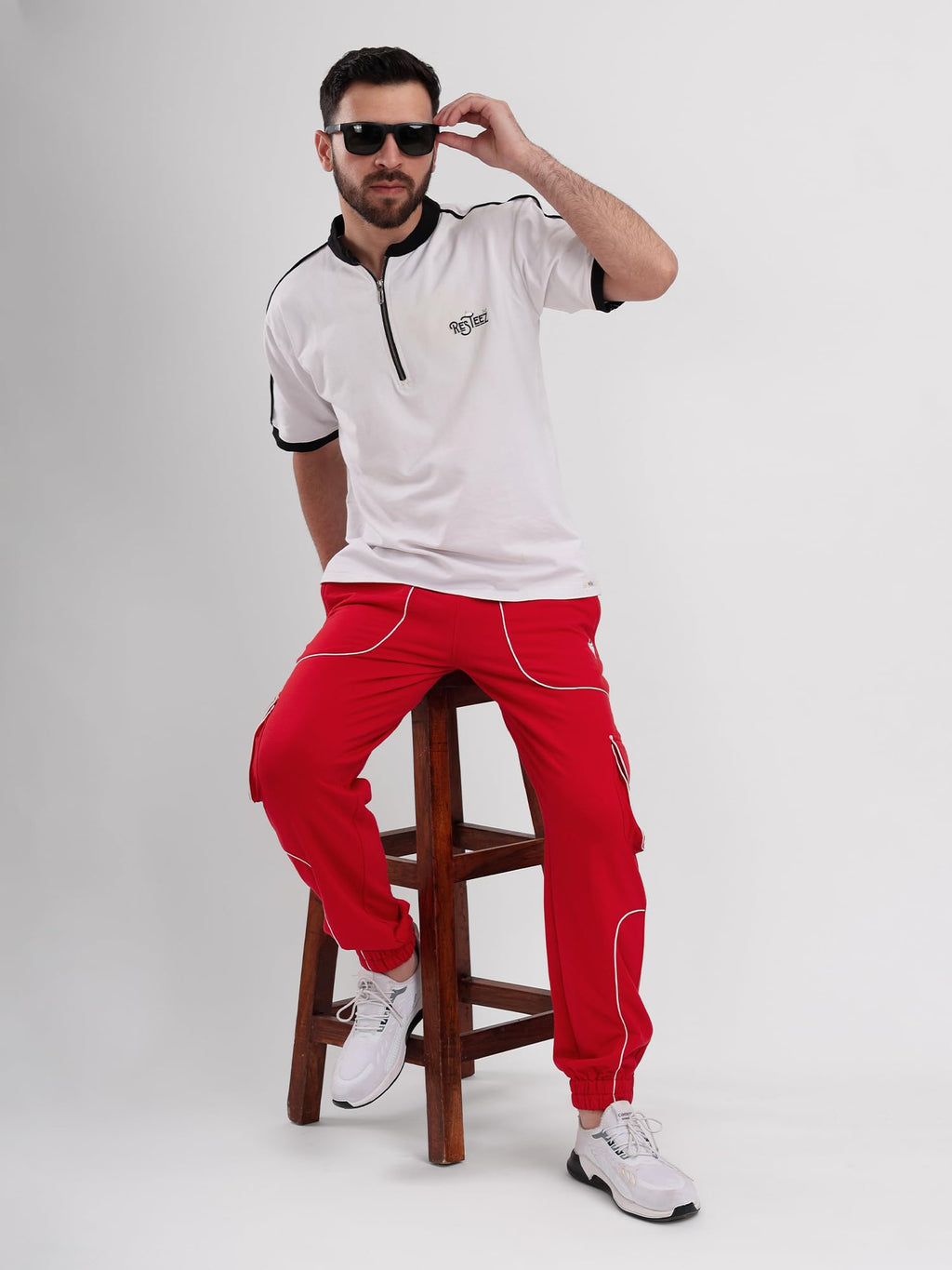 Men's Cargo Track Pant with Drawstring Waist, Multi-Pocket Jogger Pants with White Piping Detail
