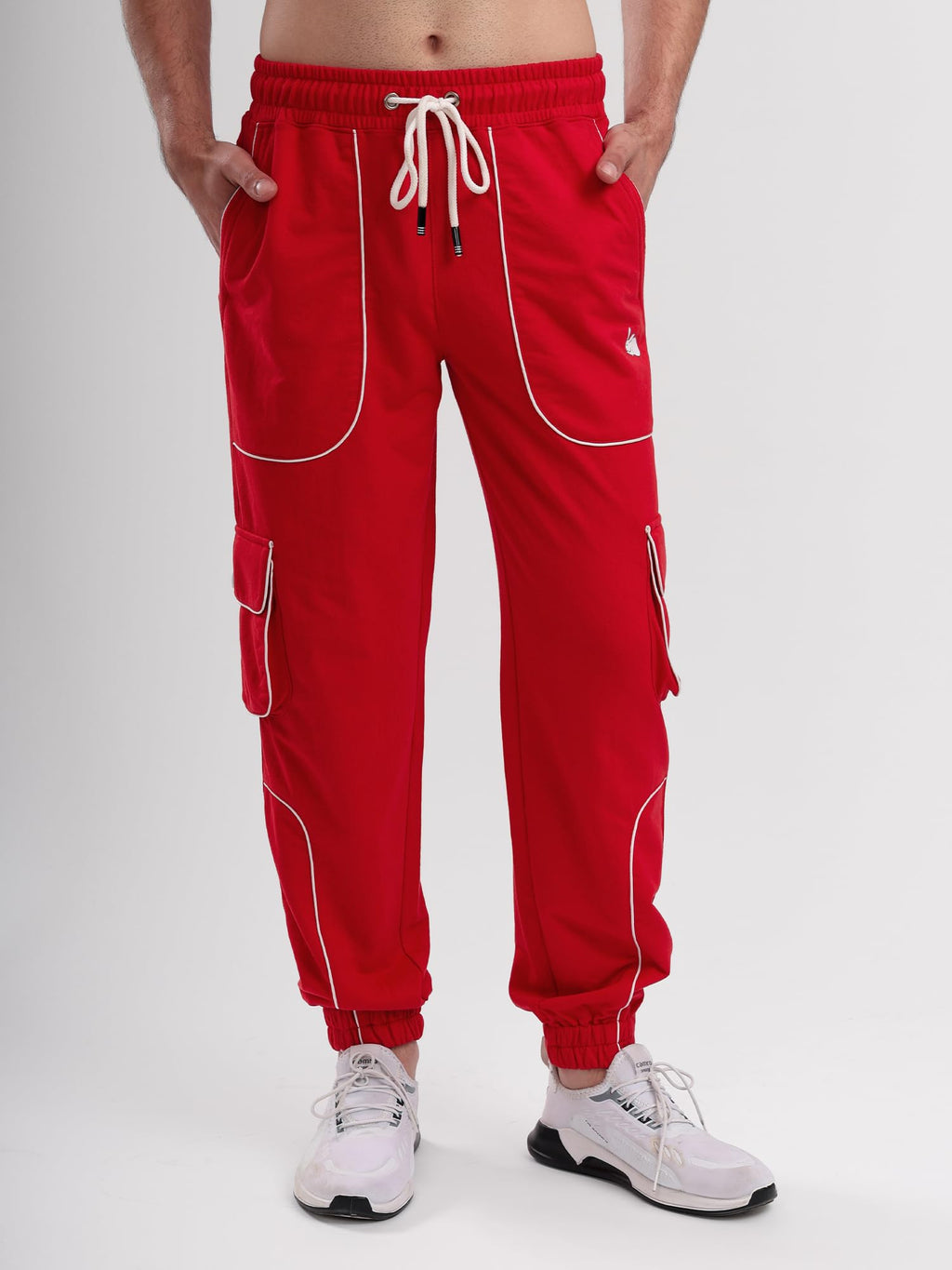 Men's Cargo Track Pant with Drawstring Waist, Multi-Pocket Jogger Pants with White Piping Detail