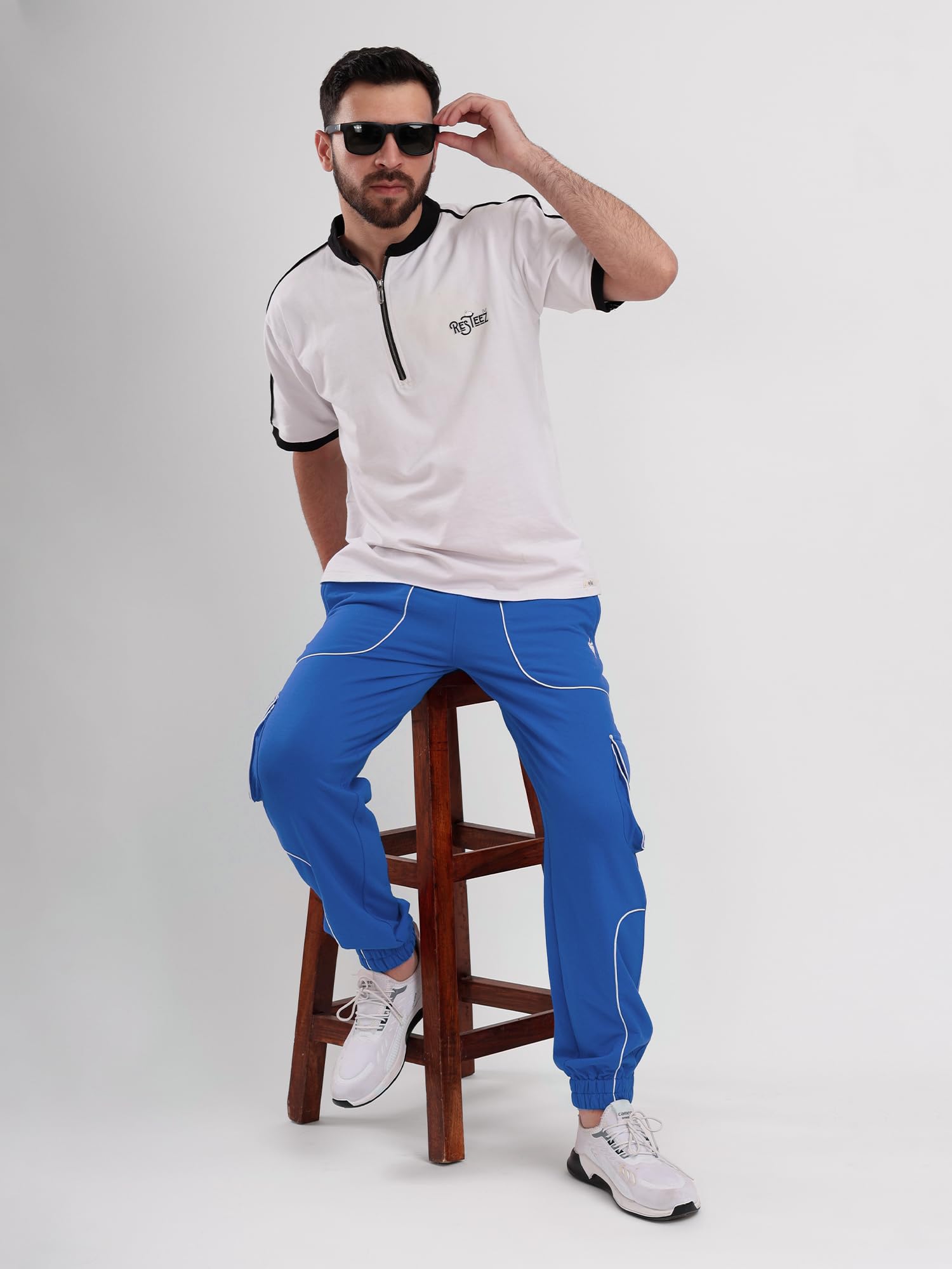 Men's Cargo Track Pant with Drawstring Waist, Multi-Pocket Jogger Pants with White Piping Detail