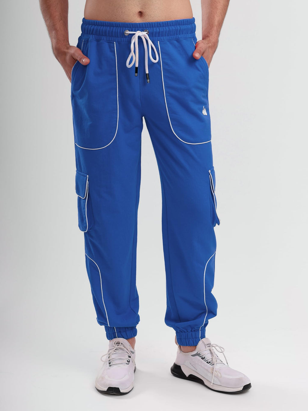 Men's Cargo Track Pant with Drawstring Waist, Multi-Pocket Jogger Pants with White Piping Detail