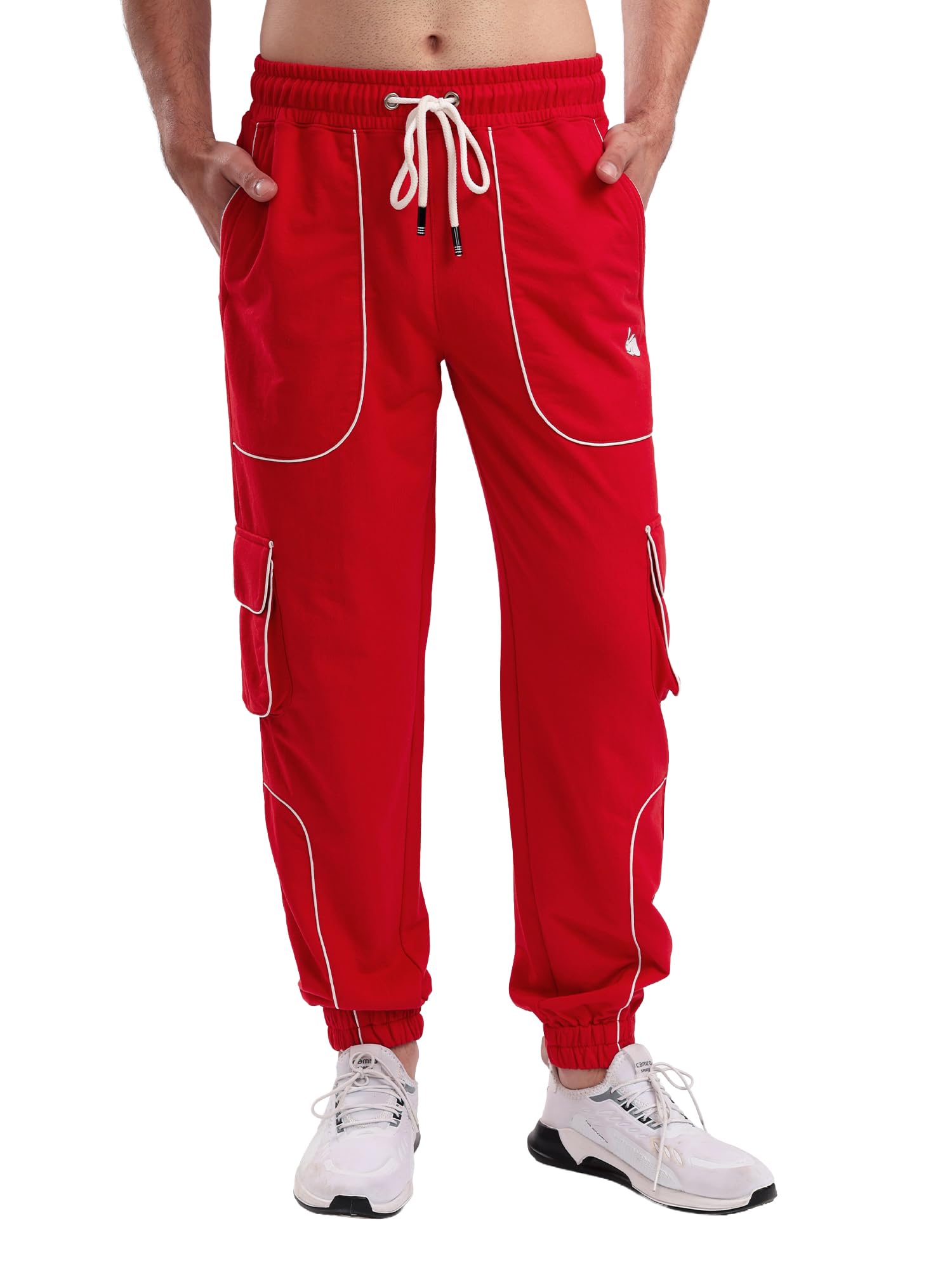 Men's Cargo Track Pant with Drawstring Waist, Multi-Pocket Jogger Pants with White Piping Detail