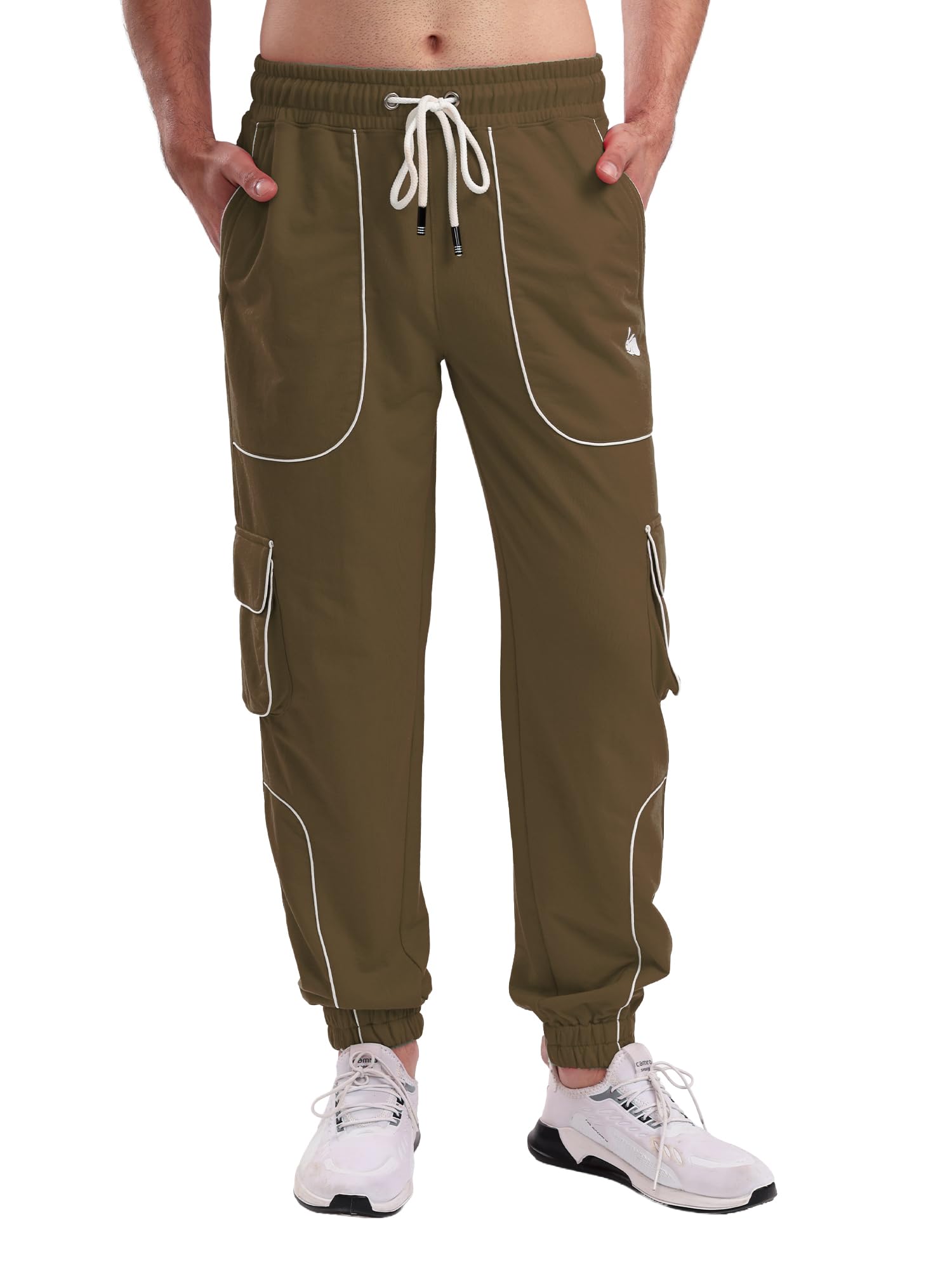 Men's Cargo Track Pant with Drawstring Waist, Multi-Pocket Jogger Pants with White Piping Detail