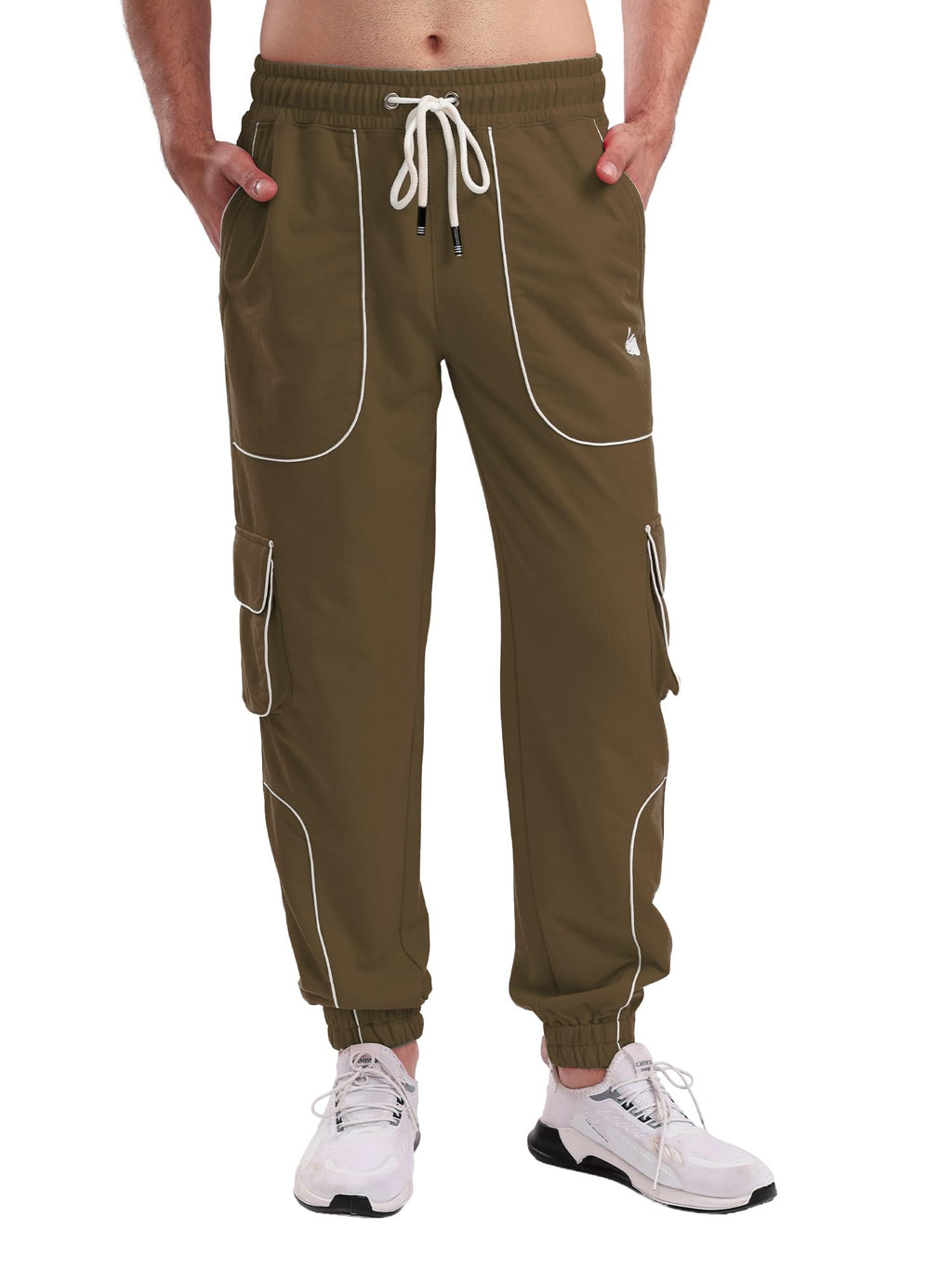 Men's Cargo Track Pant with Drawstring Waist, Multi-Pocket Jogger Pants with White Piping Detail