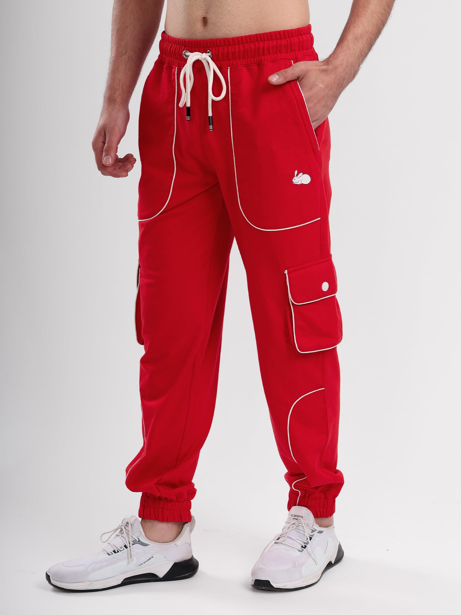 Men's Cargo Track Pant with Drawstring Waist, Multi-Pocket Jogger Pants with White Piping Detail