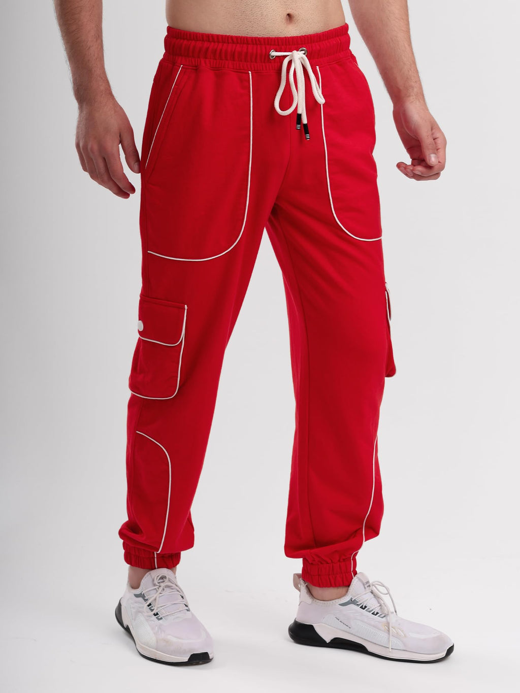 Men's Cargo Track Pant with Drawstring Waist, Multi-Pocket Jogger Pants with White Piping Detail