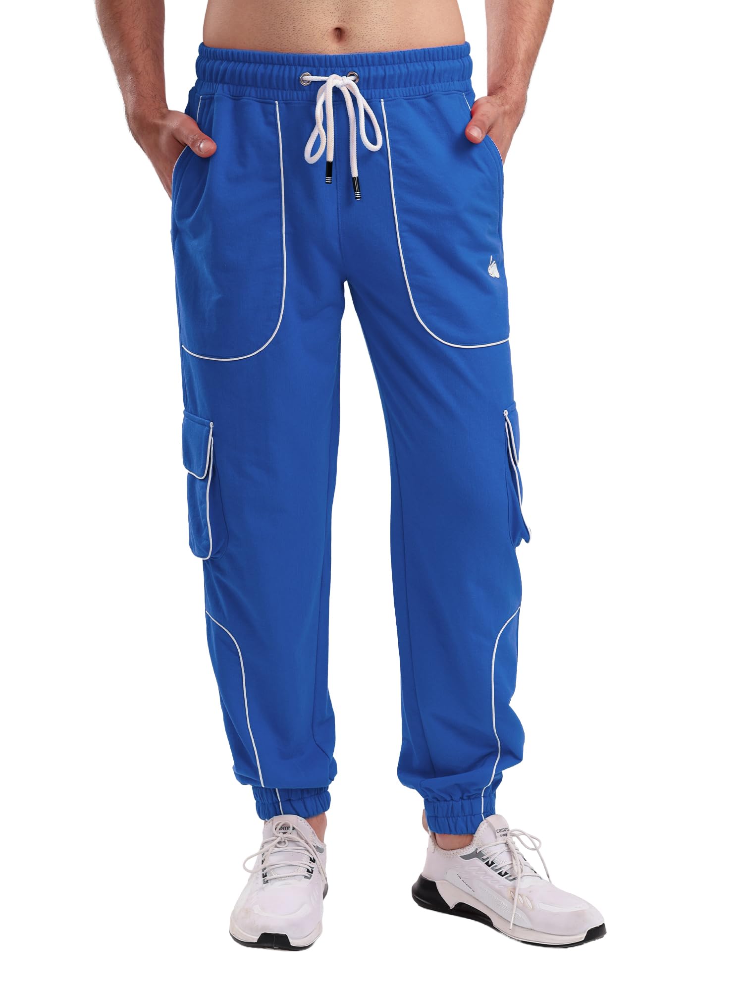 Men's Cargo Track Pant with Drawstring Waist, Multi-Pocket Jogger Pants with White Piping Detail