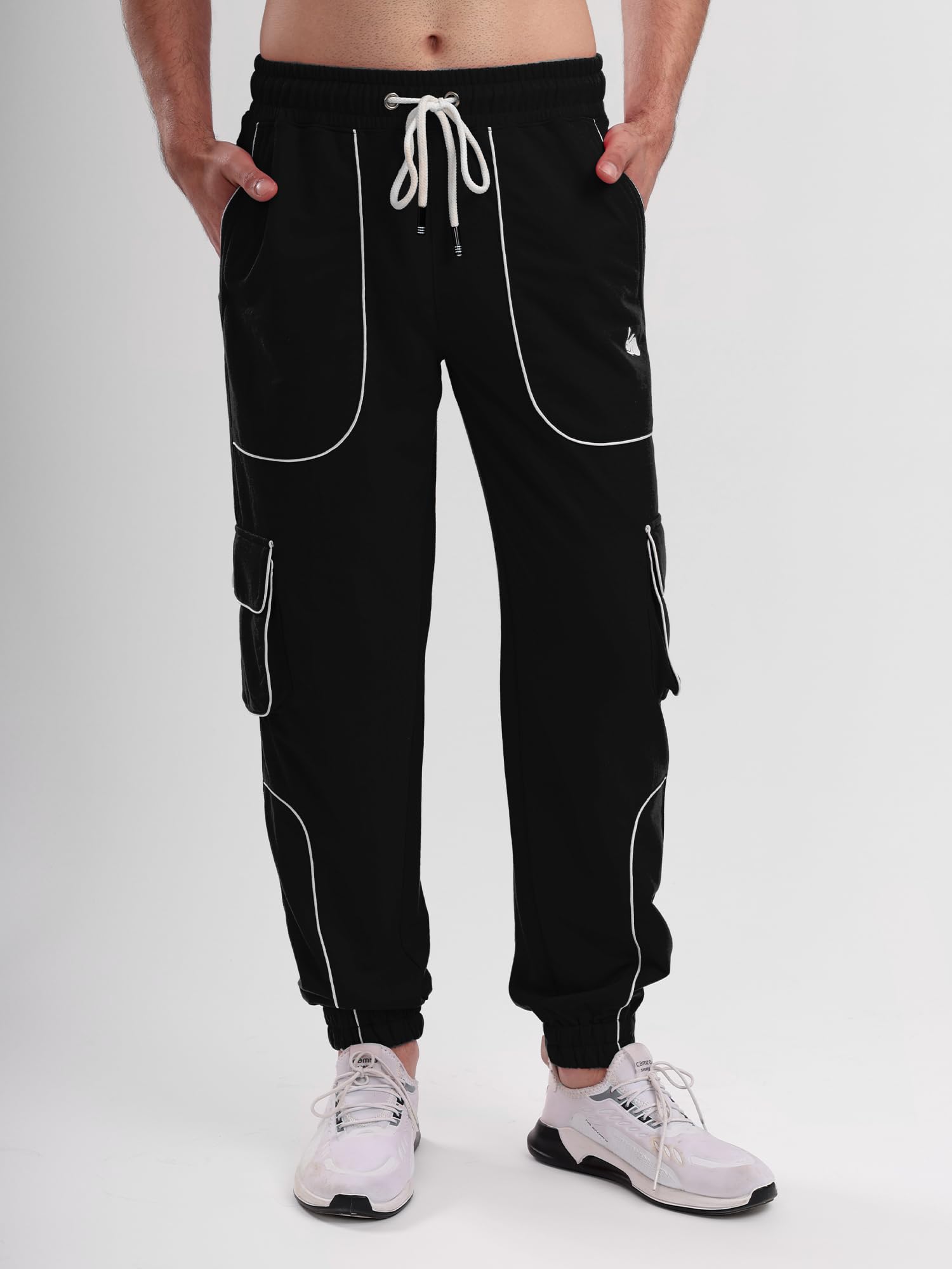 Men's Cargo Track Pant with Drawstring Waist, Multi-Pocket Jogger Pants with White Piping Detail