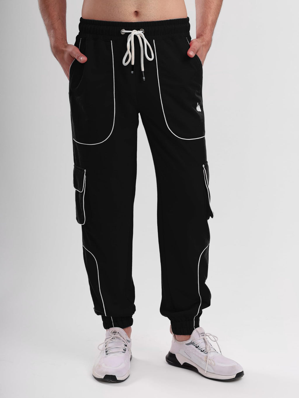 Men's Cargo Track Pant with Drawstring Waist, Multi-Pocket Jogger Pants with White Piping Detail
