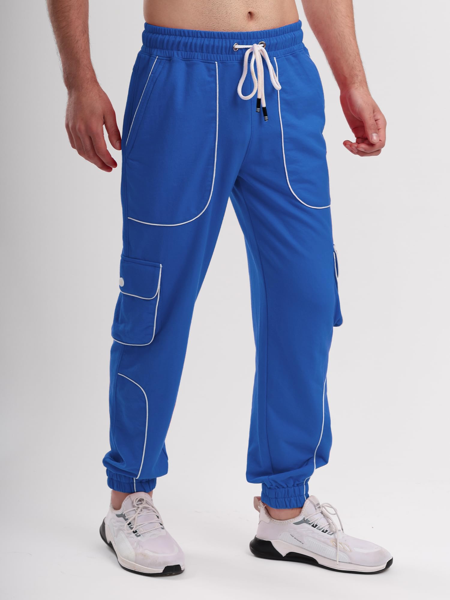 Men's Cargo Track Pant with Drawstring Waist, Multi-Pocket Jogger Pants with White Piping Detail