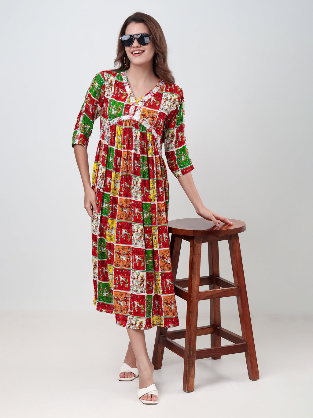 Women's Ethnic Printed Fit & Flare Midi Dress with V-Neck & 3/4 Sleeves