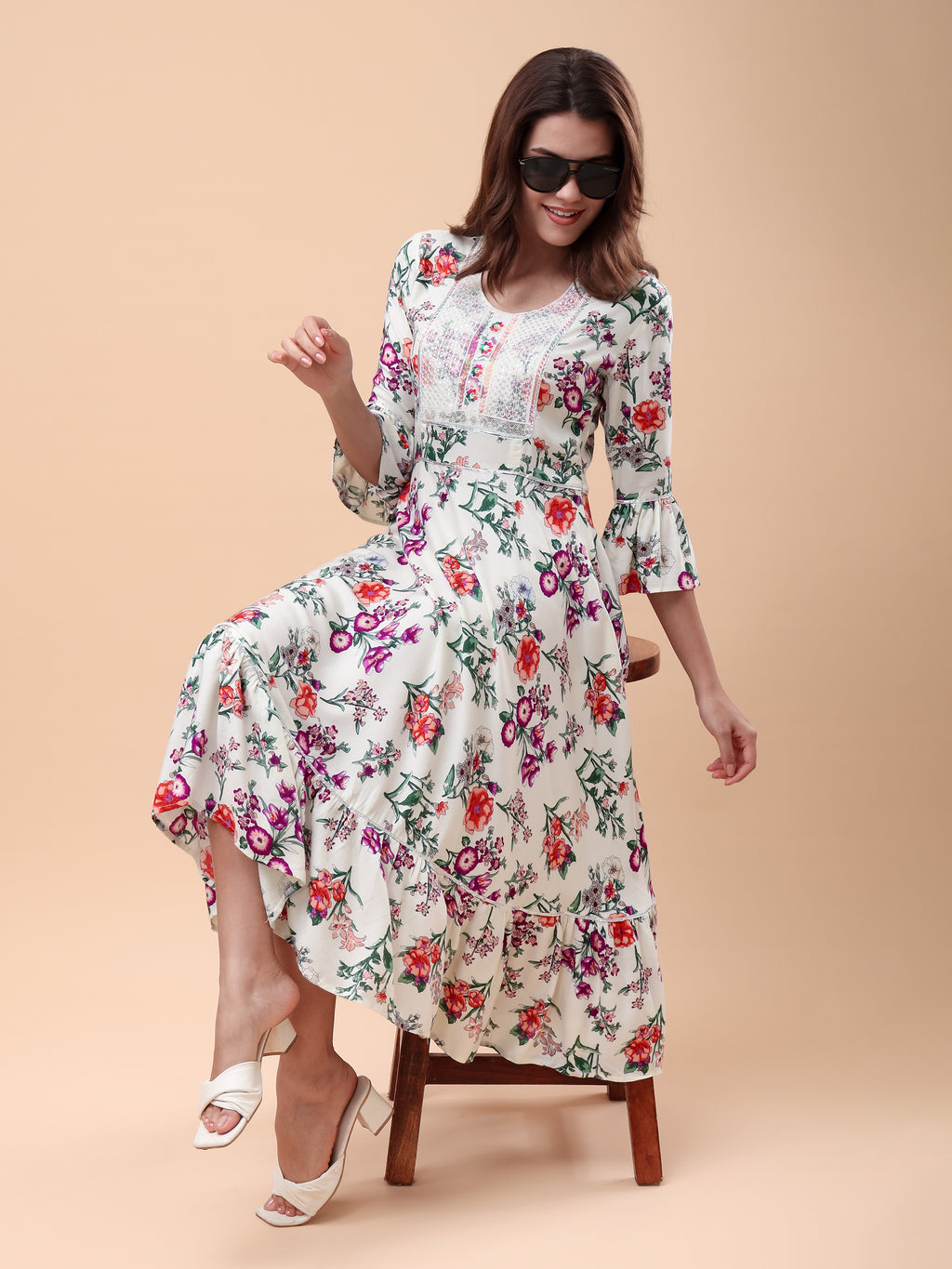 Women's Floral Printed Puff Sleeve Square Neck Midi Dress | Fit & Flare Casual Dress
