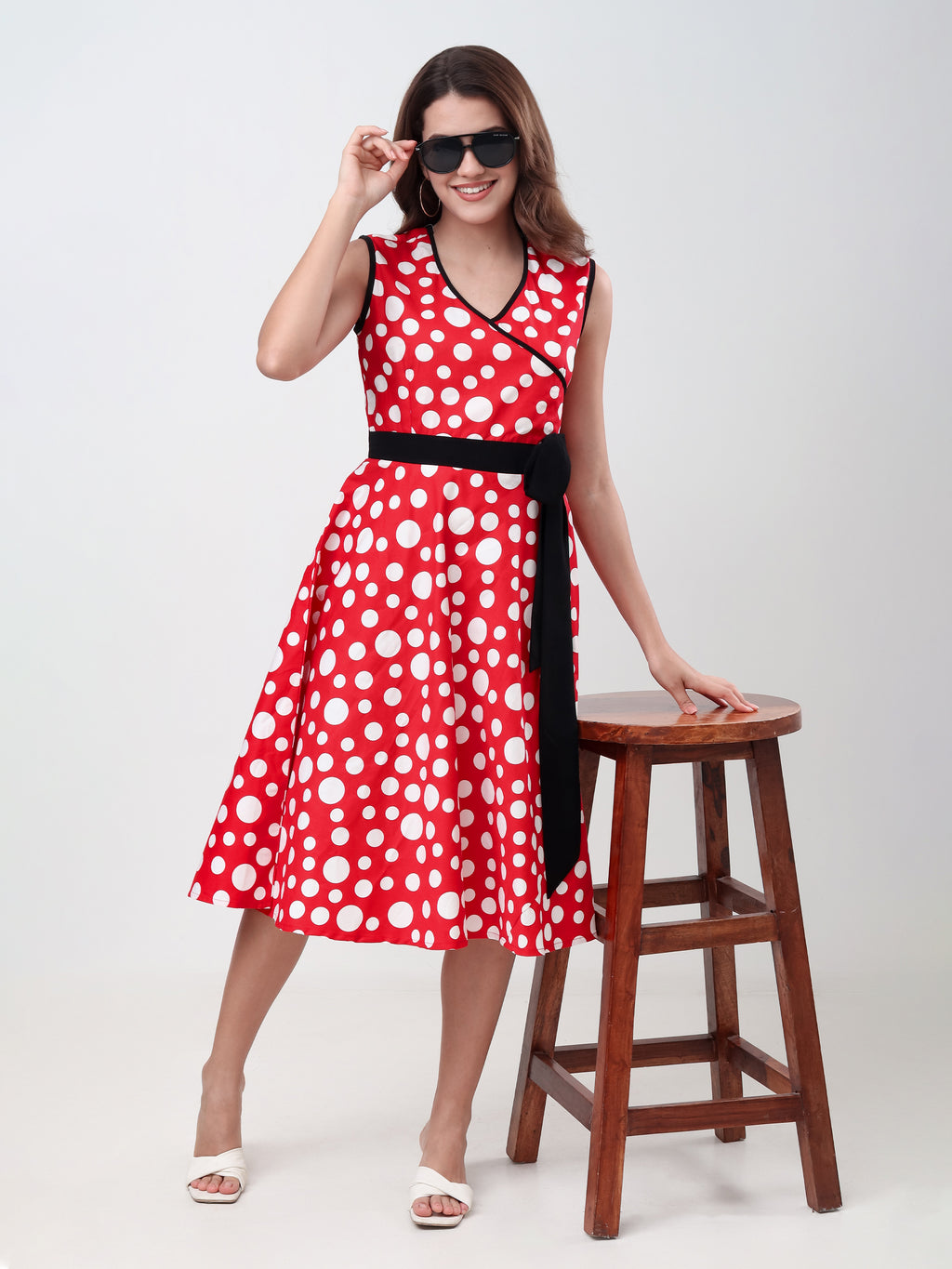 Women's Polka Dot Sleeveless Wrap Midi Dress with Waist Tie Elegant Casual Fit