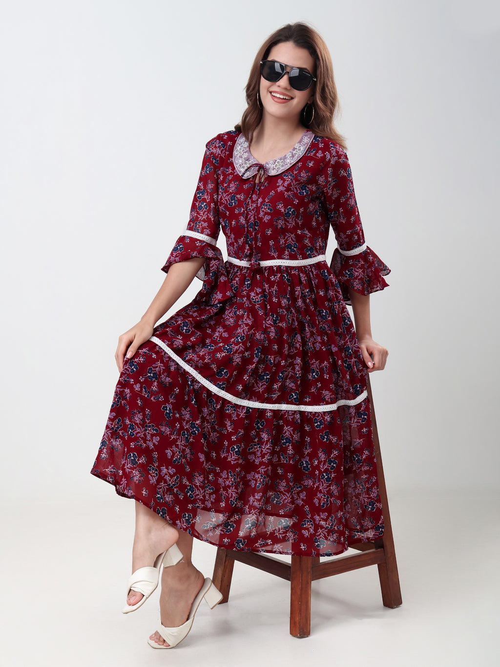 Women's Floral Print Tiered Midi Dress with Lace Collar, Bell Sleeves & Tie Neck Casual Fit