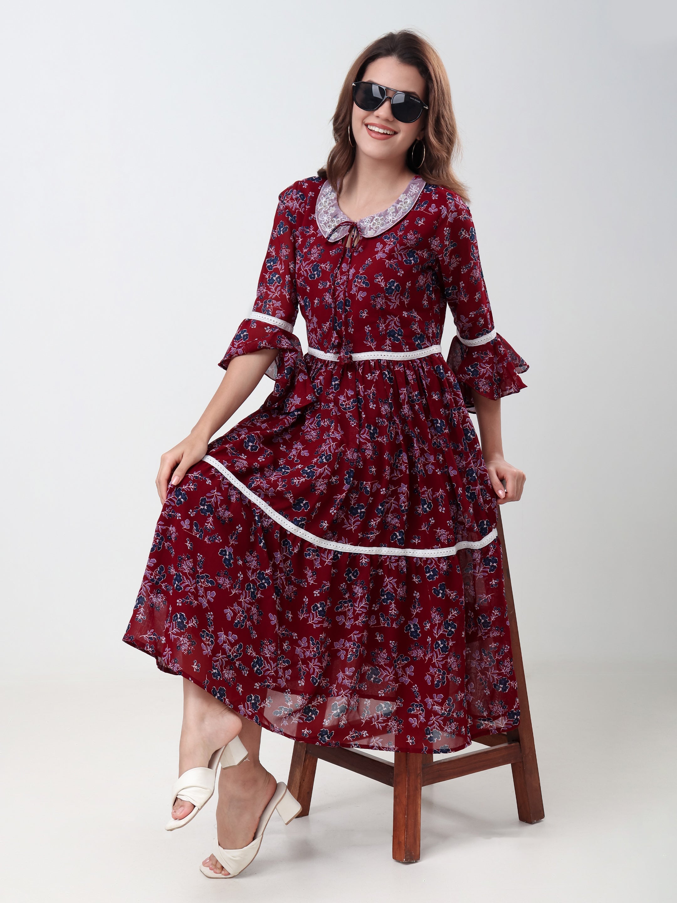 Women's Floral Print Tiered Midi Dress with Lace Collar, Bell Sleeves & Tie Neck Casual Fit