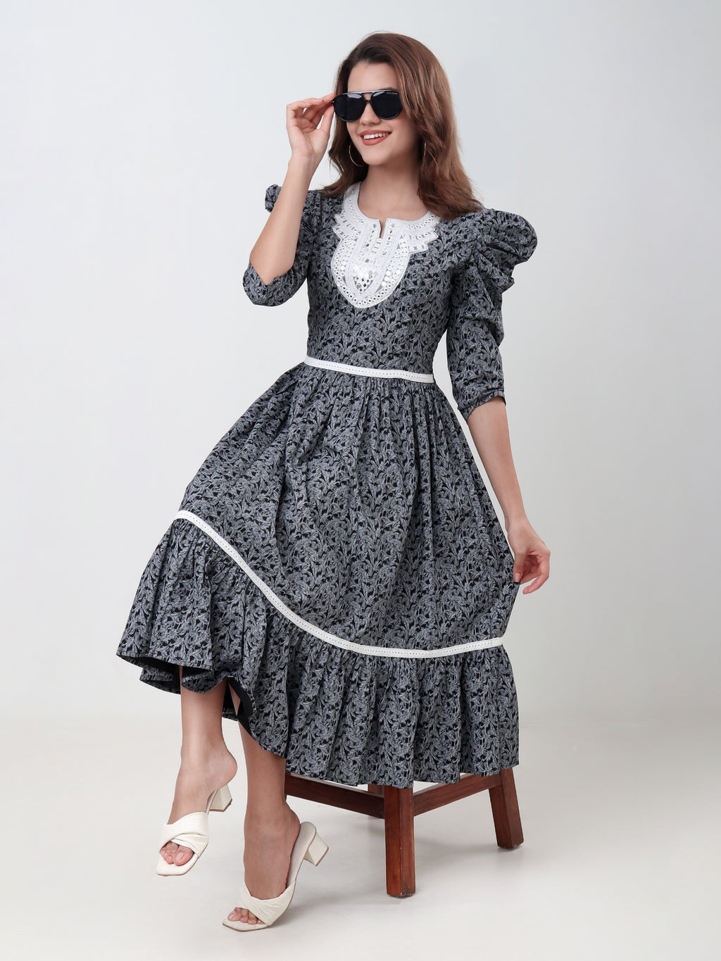 Women's Floral Printed A-Line Midi Dress with Puff Sleeves & Embroidered Round Neck