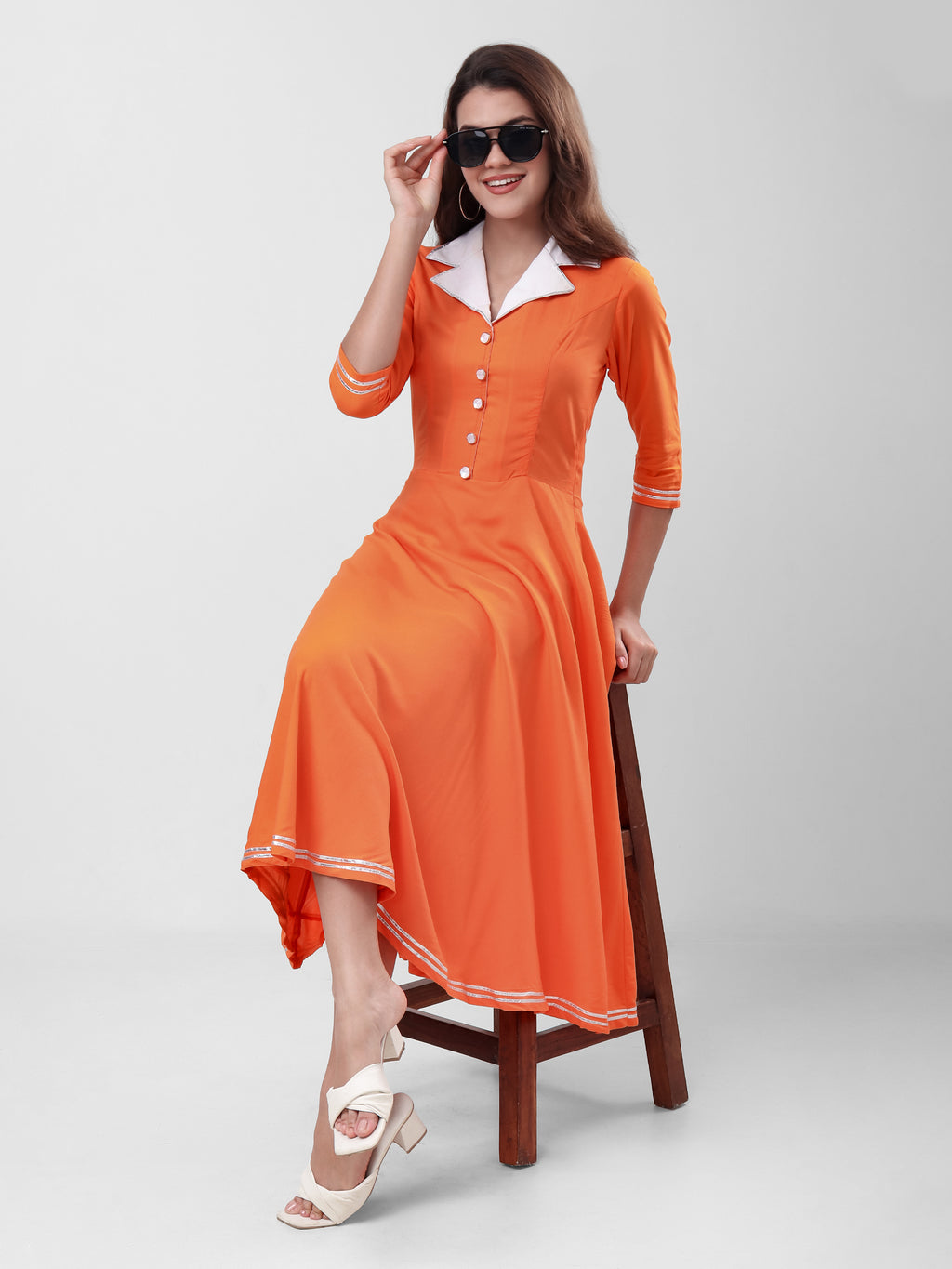 Women's A-Line Midi Dress with Contrast Collar, Front Button Detailing & 3/4 Sleeves