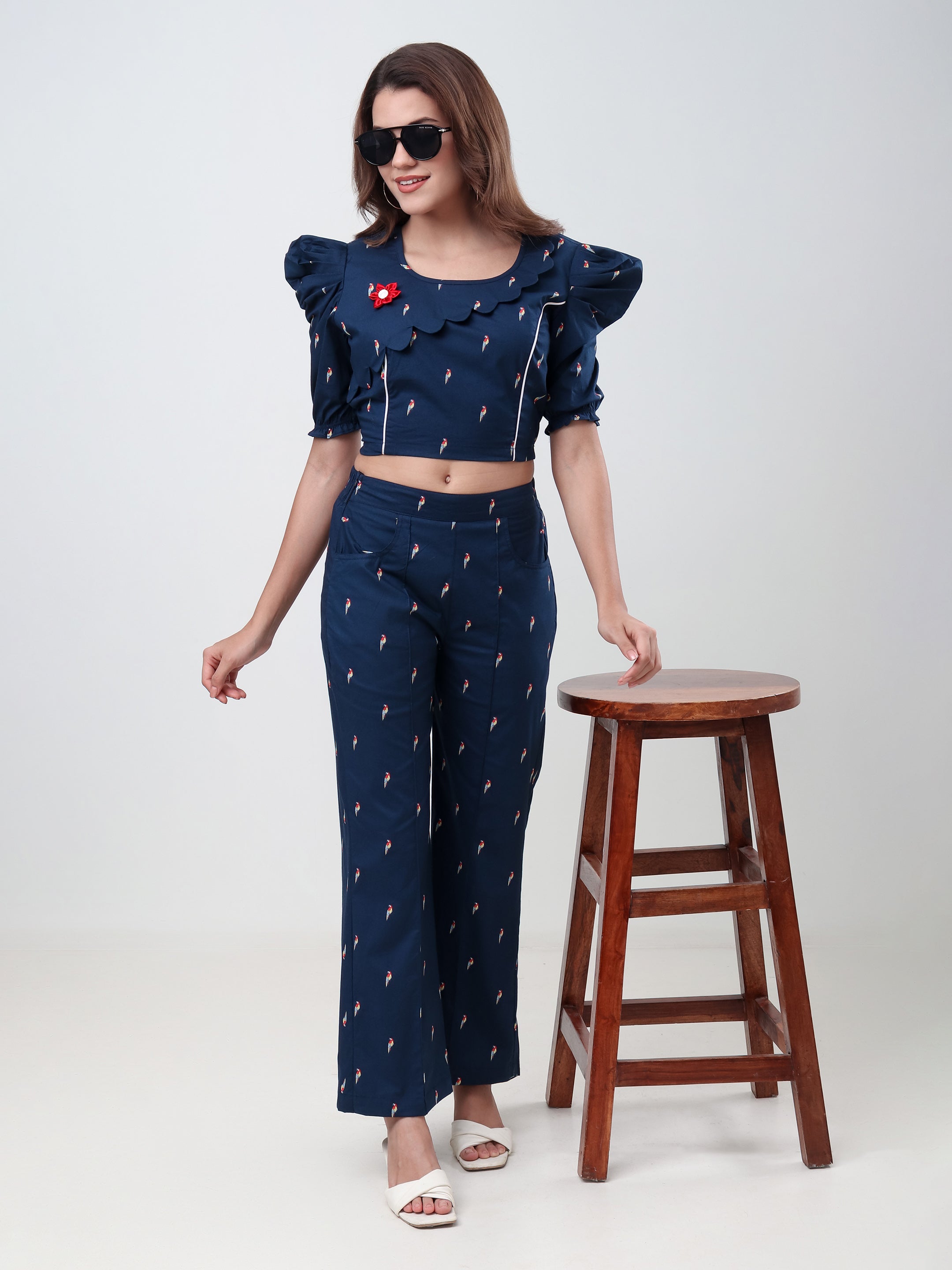 Women's Printed Crop Top & Wide Leg Pants Co-Ord Set with Puff Sleeves