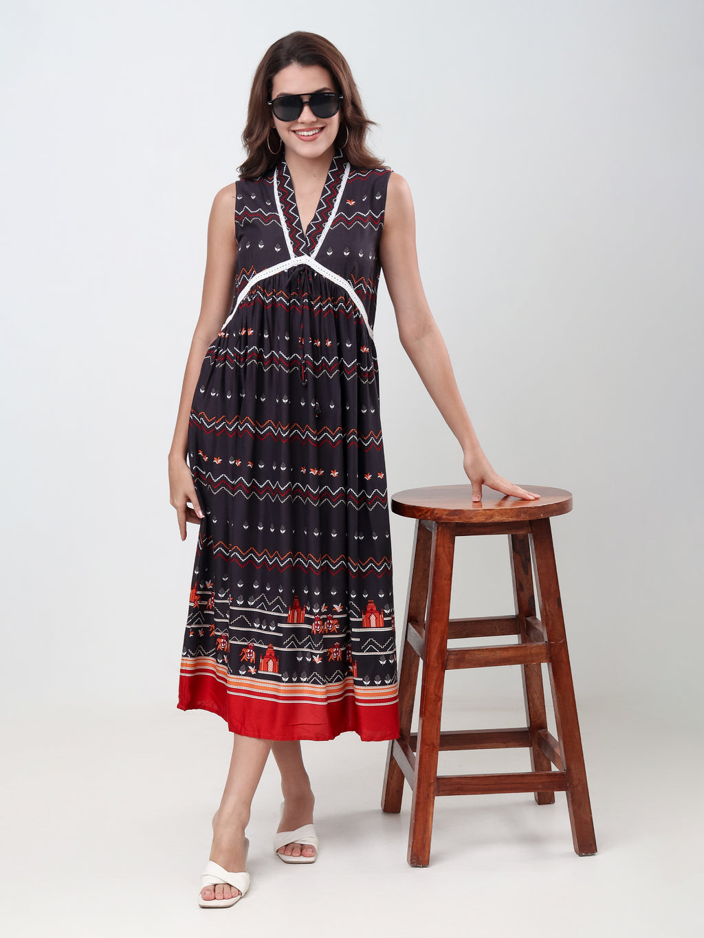 Women's Ethnic Printed Sleeveless Fit & Flare Midi Dress with V-Neck