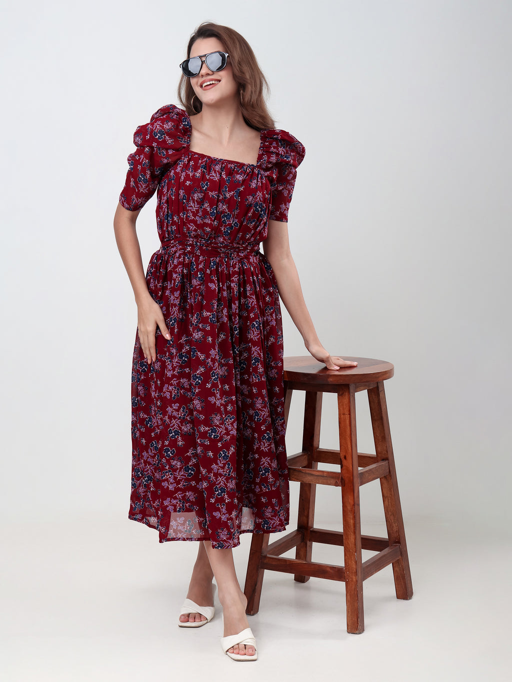 Women's Floral Printed Fit & Flare Midi Dress with Square Neck & Puff Sleeves
