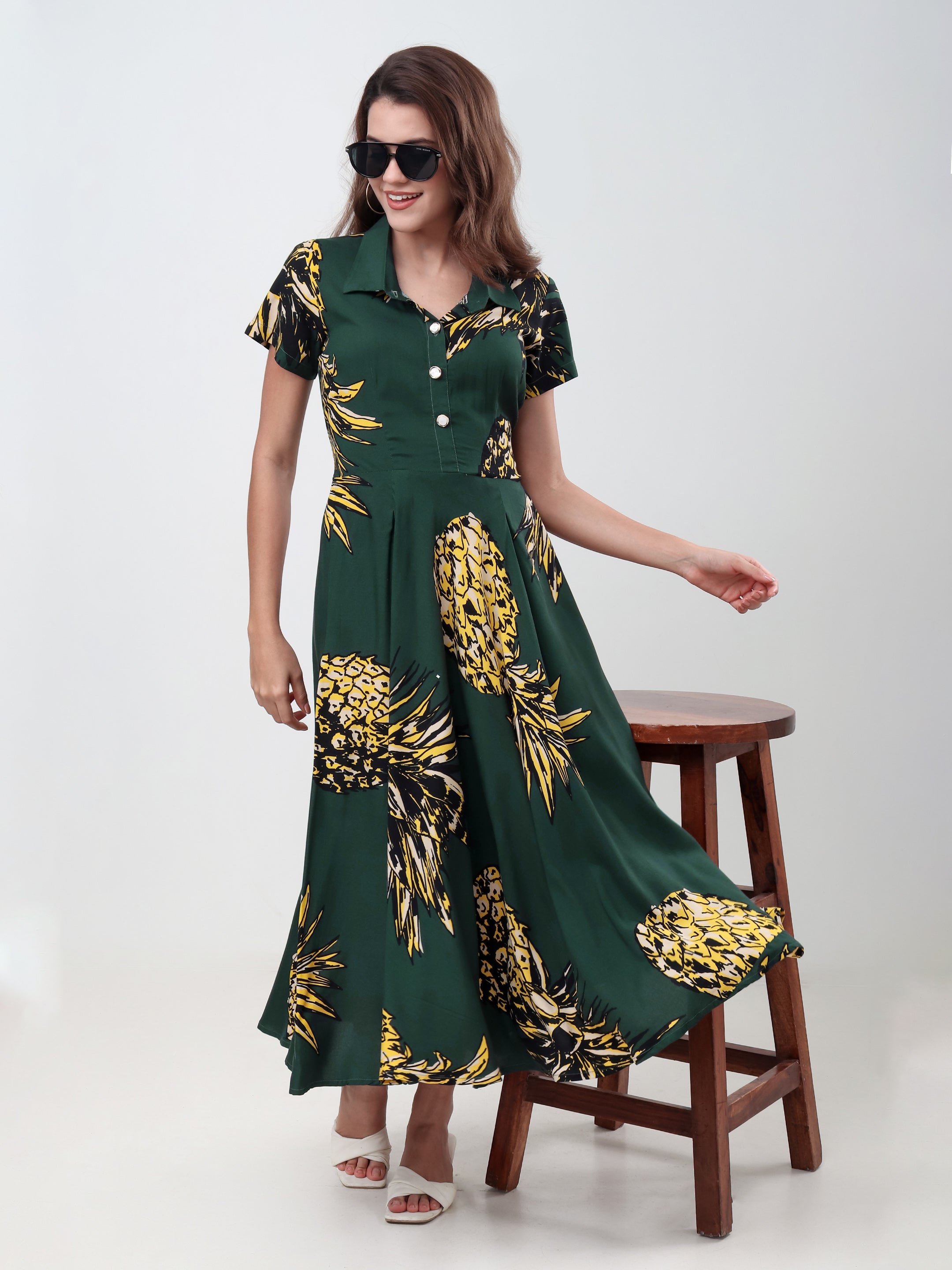 Women's Printed Collared A-Line Midi Dress with Short Sleeves & Button Detail