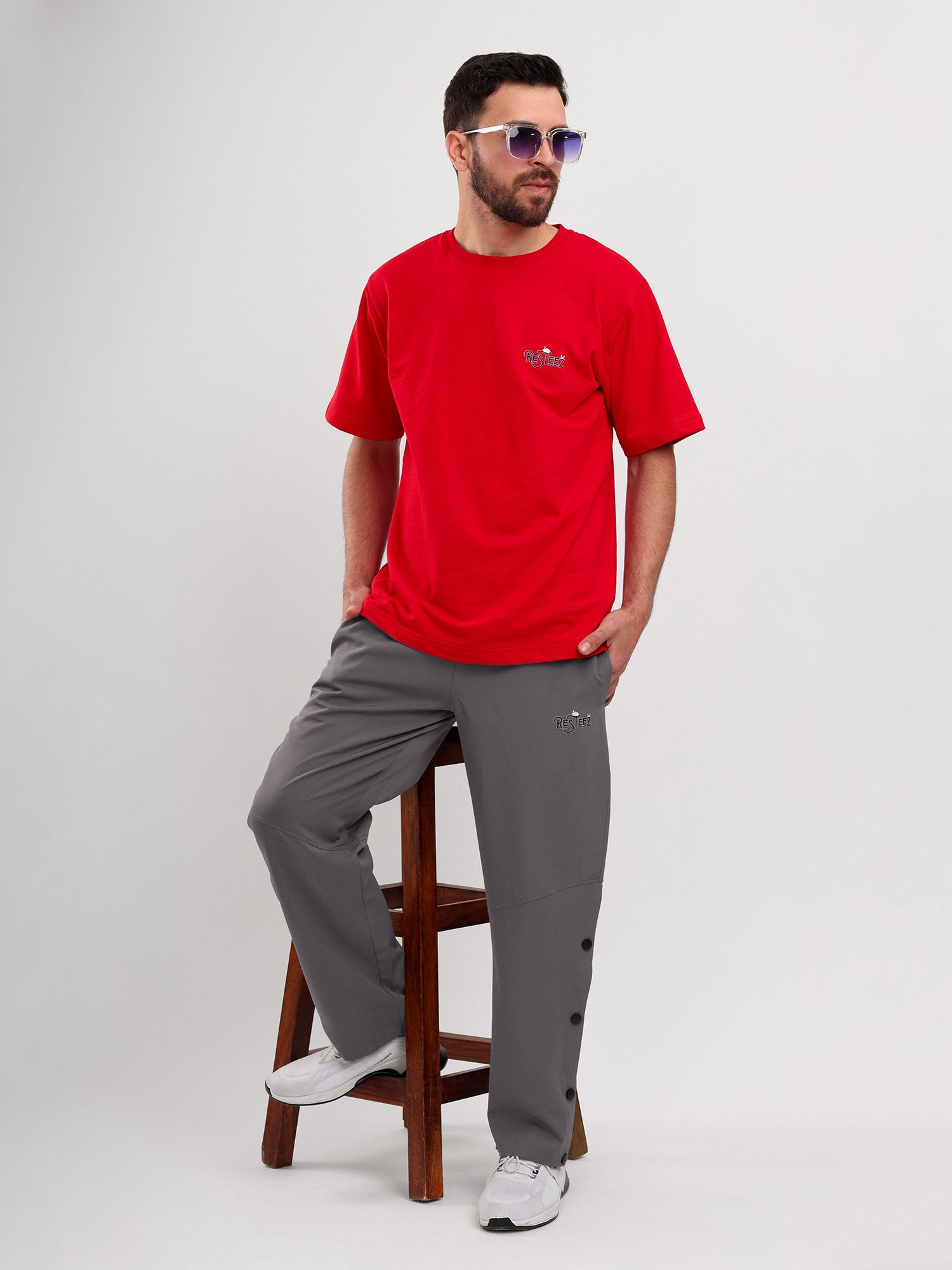 Men's Regular Fit Snap Button Track Pant with Elastic Waist, Drawstring & Straight Leg Design
