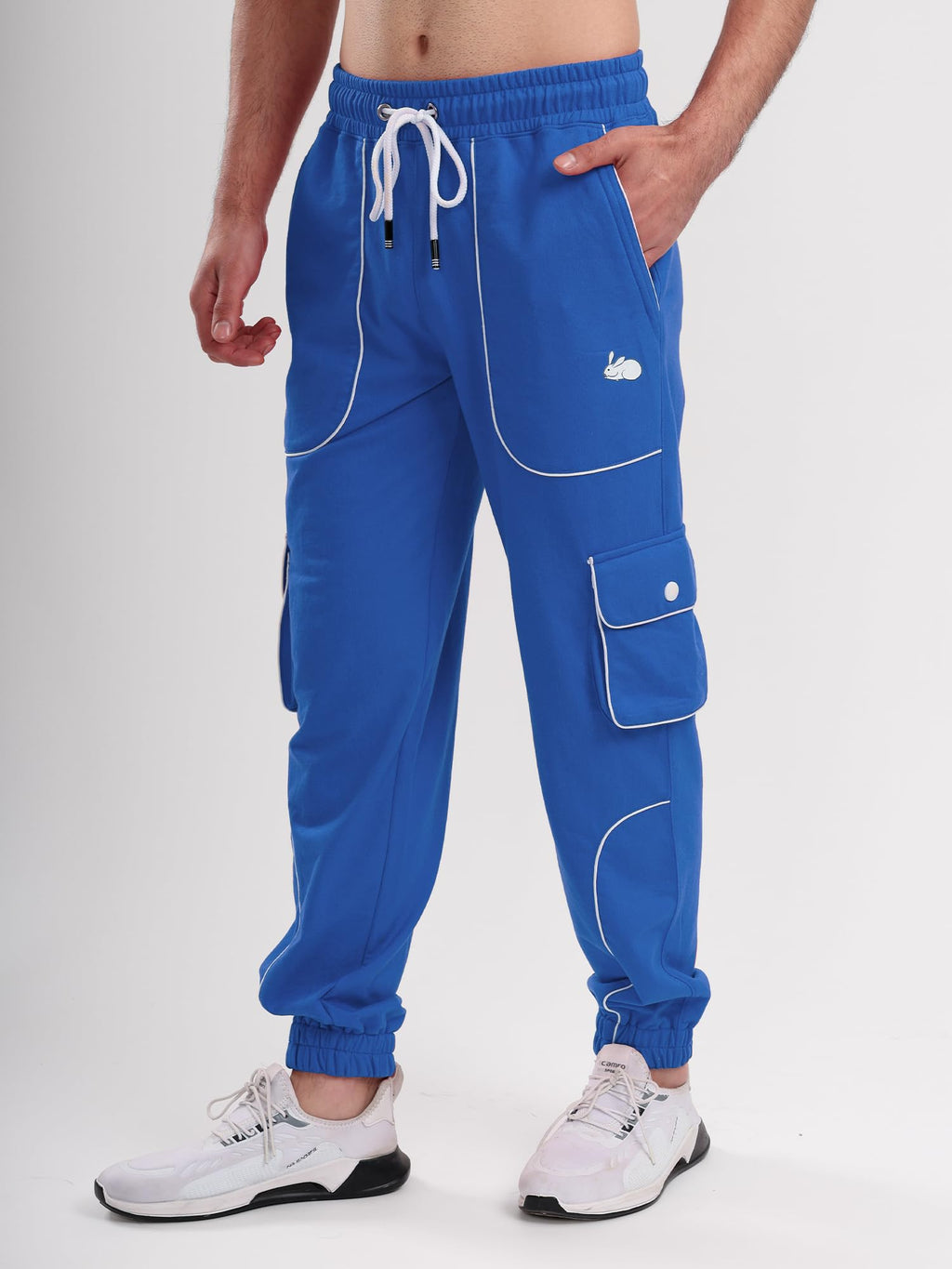 Men's Cargo Track Pant with Drawstring Waist, Multi-Pocket Jogger Pants with White Piping Detail