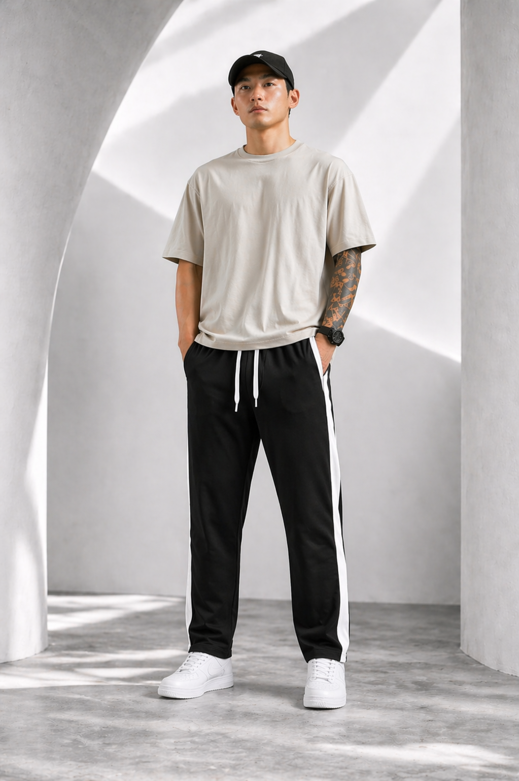 Men's Regular Fit Track Pants with Side Stripe, Adjustable Drawstring & Pockets