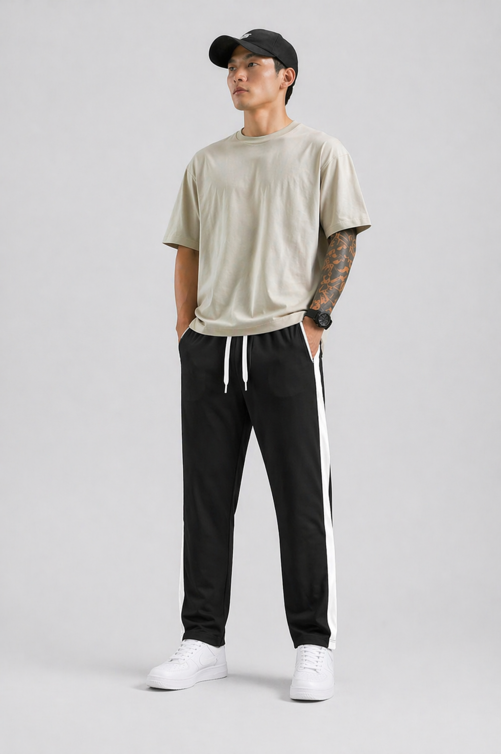 Men's Regular Fit Track Pants with Side Stripe, Adjustable Drawstring & Pockets